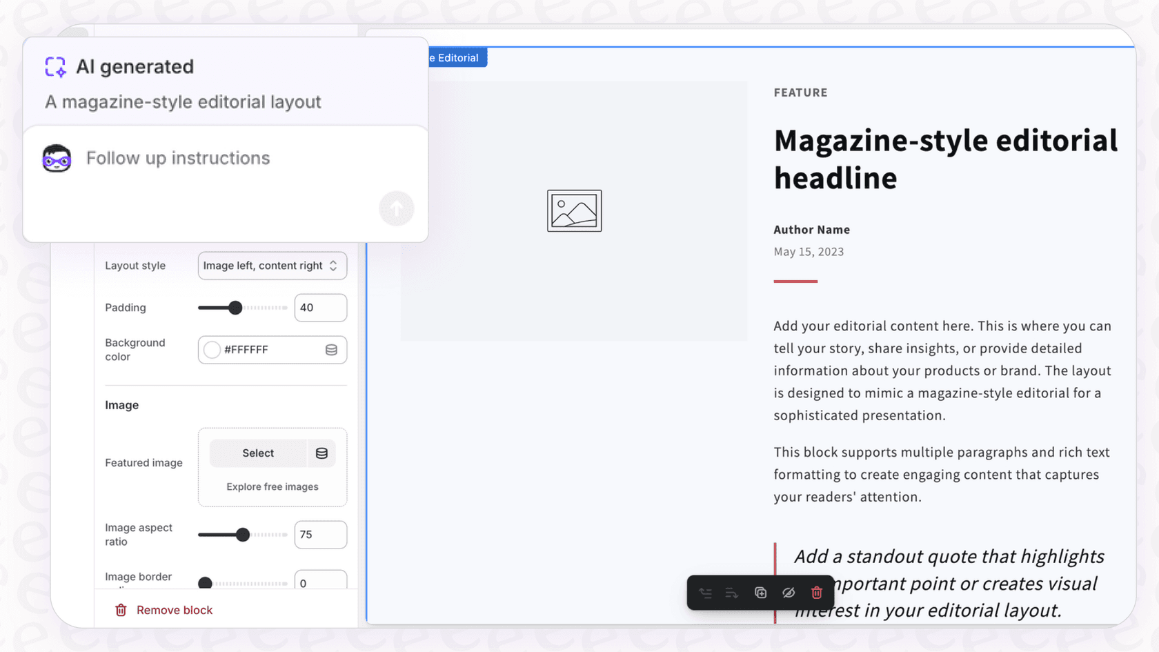 A screenshot illustrating how users can generate custom theme blocks using Shopify Magic AI Tools in Theme Editor by describing the desired section.