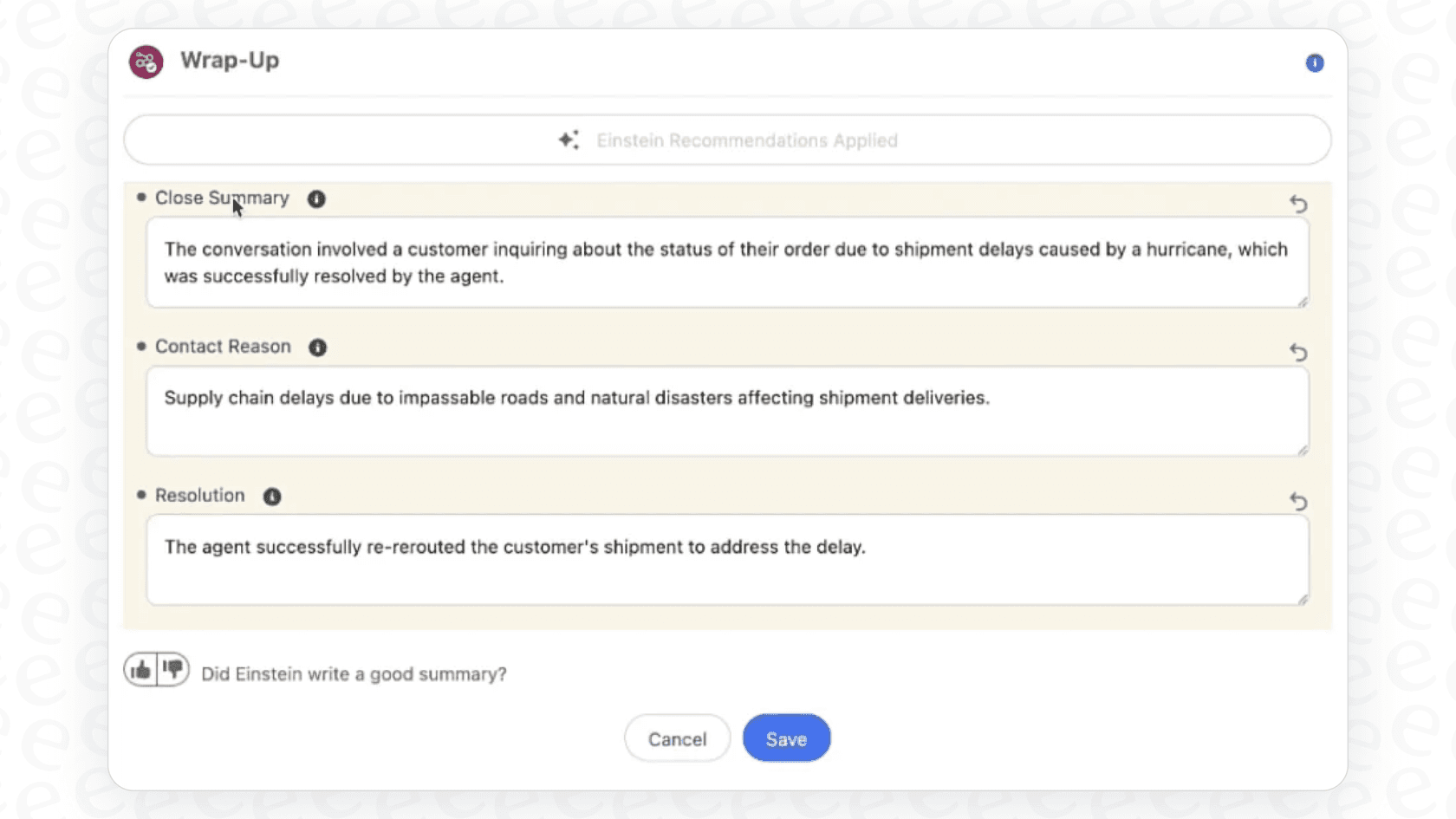 A screenshot demonstrating the output of Salesforce AI Messaging Summaries, with clearly labeled sections for Summary, Issue, and Resolution.