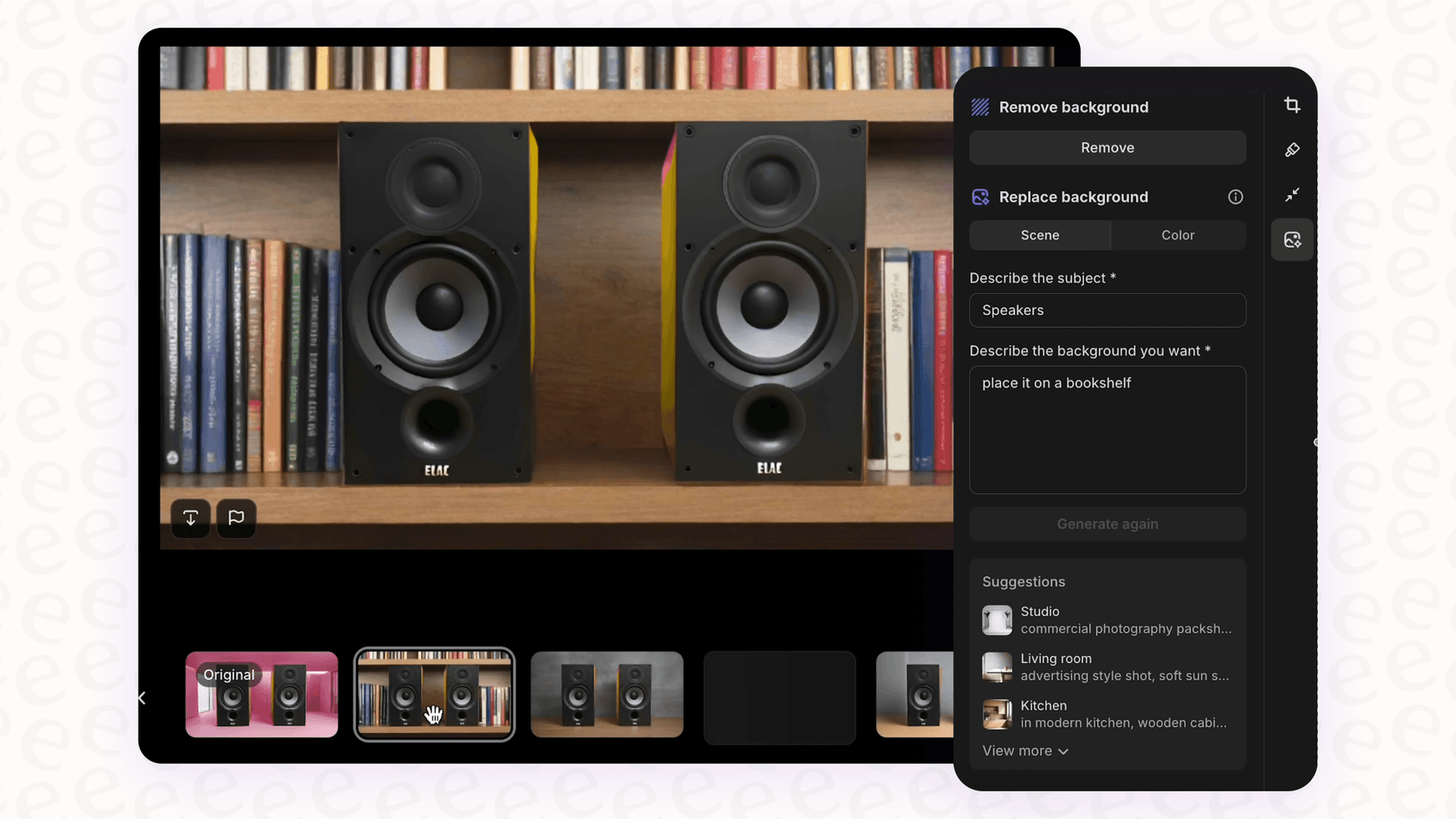 A screenshot of the AI media editor from the Shopify Magic AI Tools in Theme Editor being used to change the background of a product image.