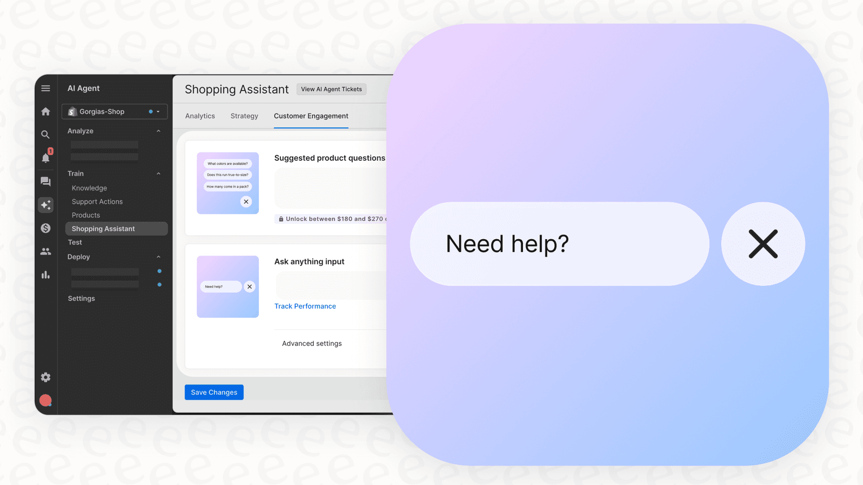 A visual example of the Gorgias AI Ask Anything Input feature on a live website, demonstrating how it prompts users to ask questions.