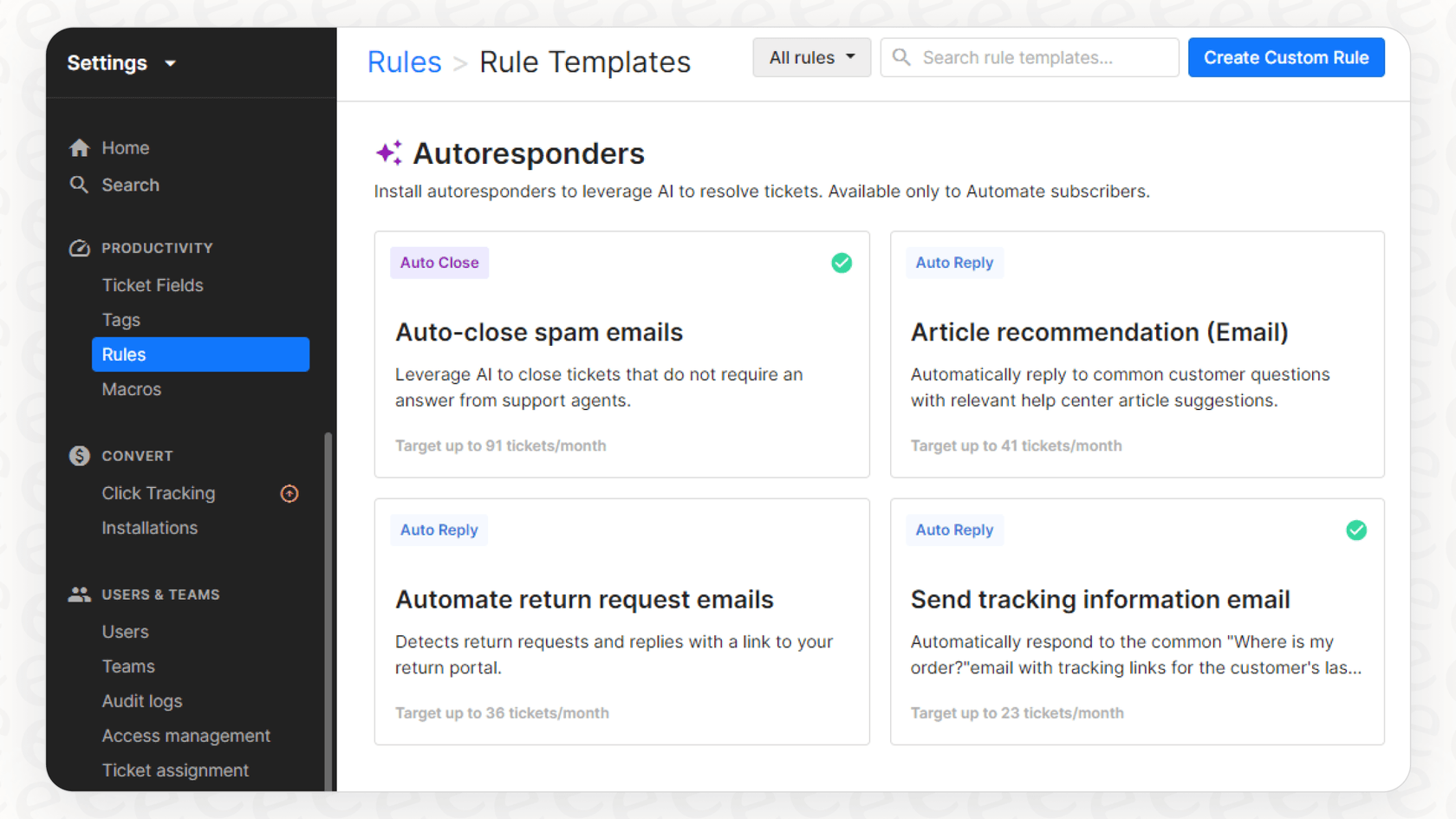 Screenshot of autoresponders in Gorgias.