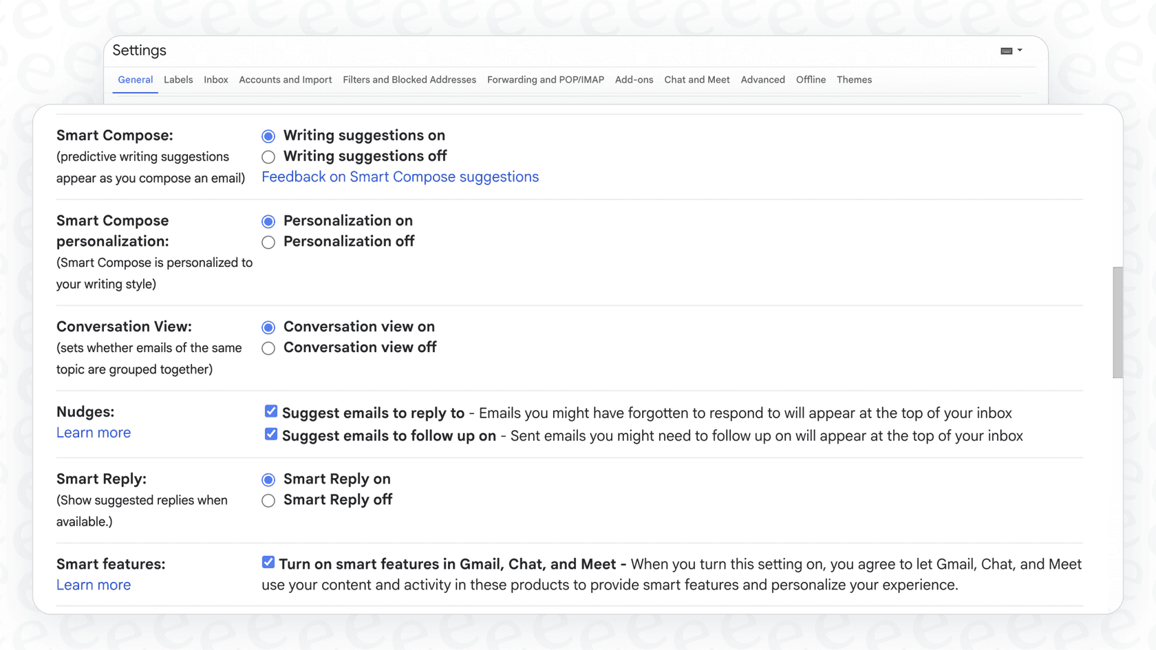 A screenshot of Gmail settings highlighting where to turn off the Gmail Summarize This Email function and other smart features.