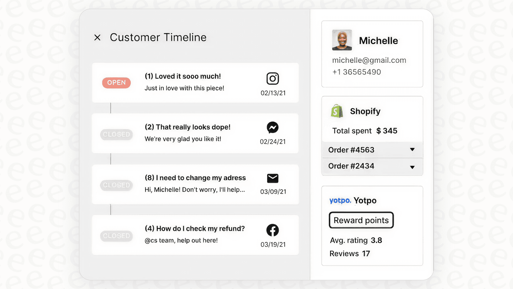 A screenshot of the Gorgias platform showing the customer timeline feature, which provides a complete picture of the customer for better Gorgias support.