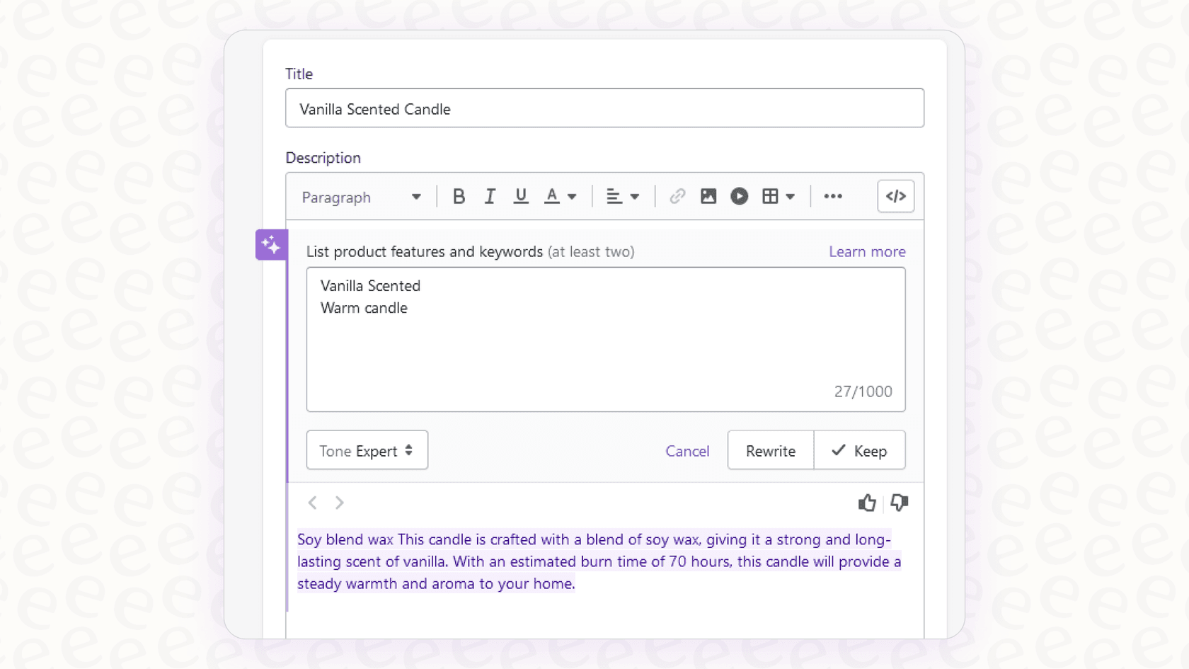 An example of Shopify Sidekick Conversational Prompting being used to write a product description.