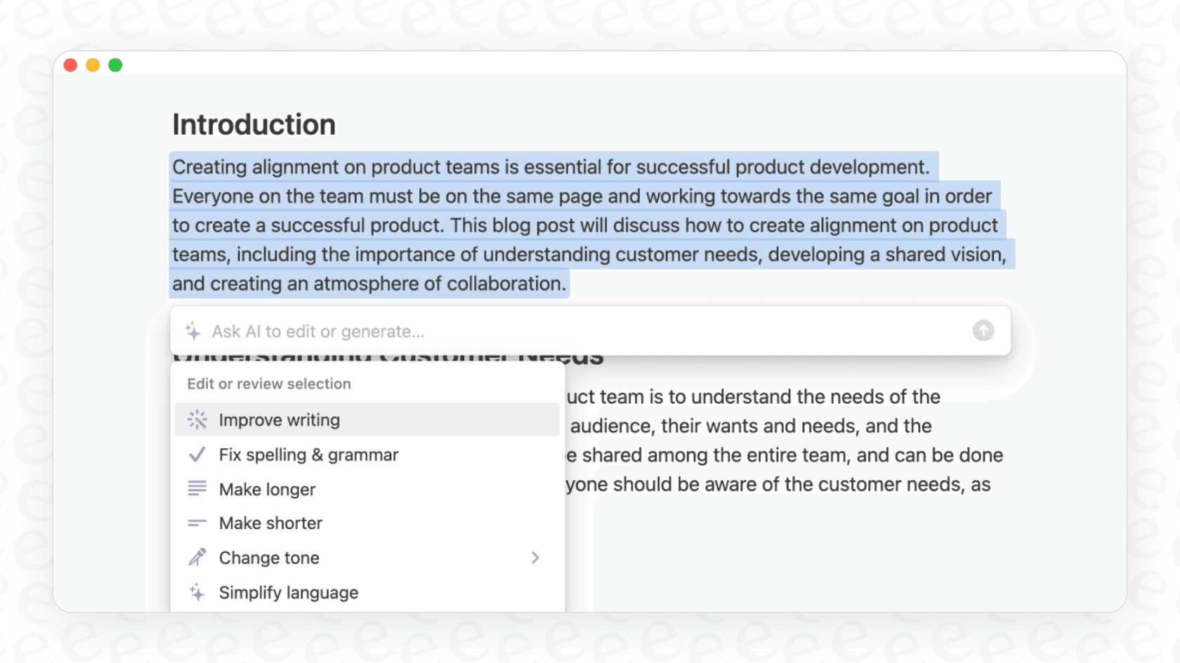 A screenshot of the Notion AI Improve or Rewrite Content features available from the text editor.