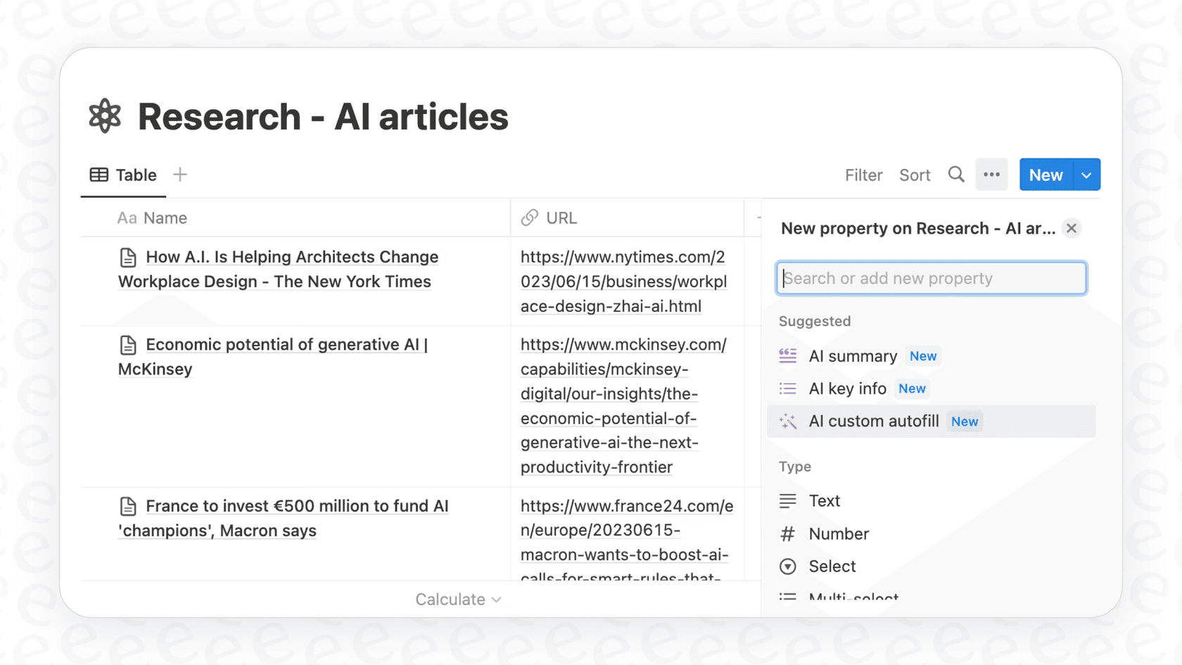 A user adding a new property to a database to use the Notion AI Autofill feature.