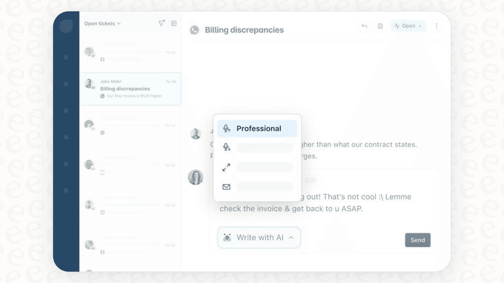 A screenshot showing where the Freddy AI writing is located in the Freshdesk UI to help agents.