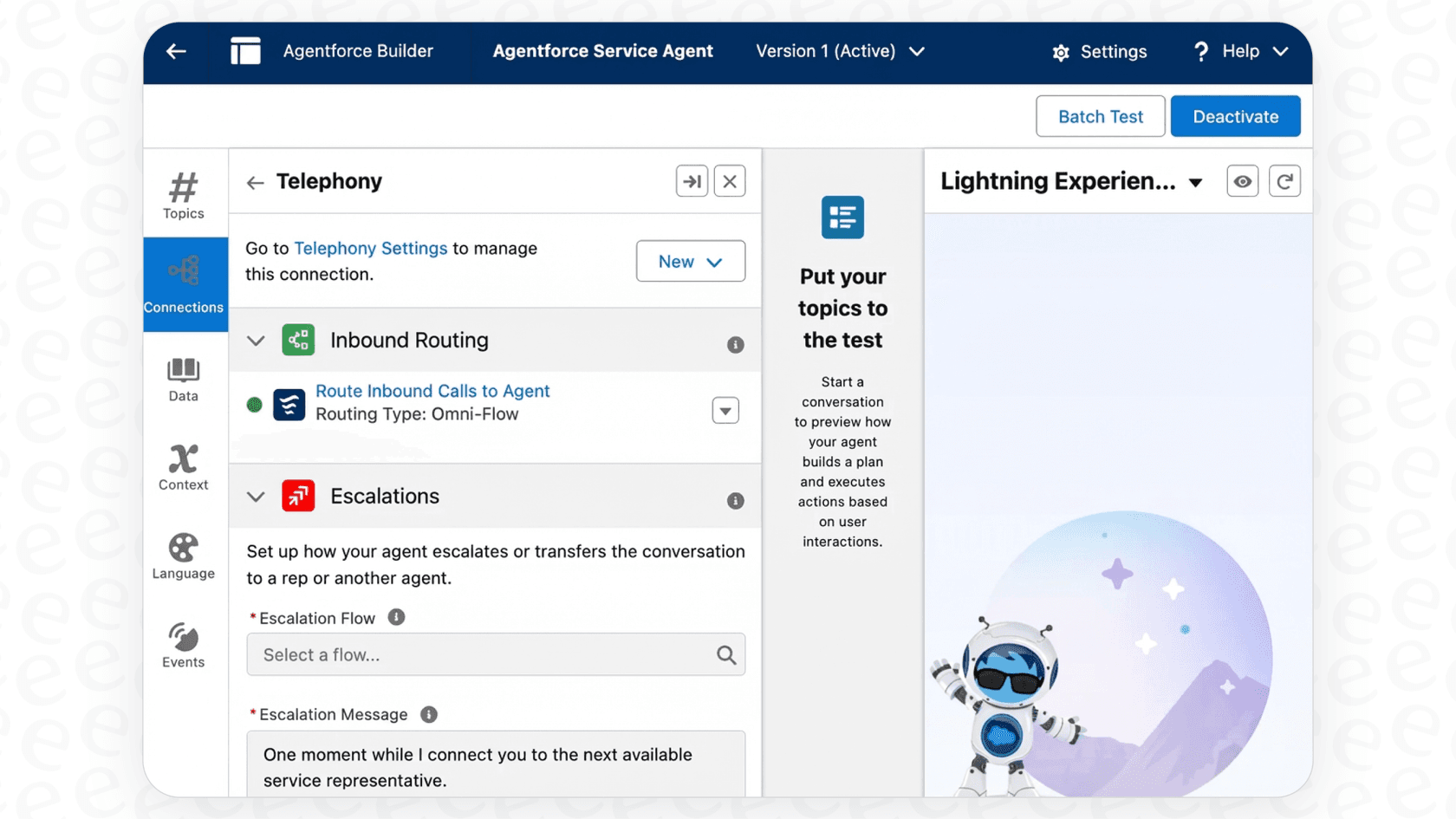 A screenshot showing the pre-configured "Escalation" topic in Salesforce Agentforce, highlighting the settings for Salesforce AI escalation.
