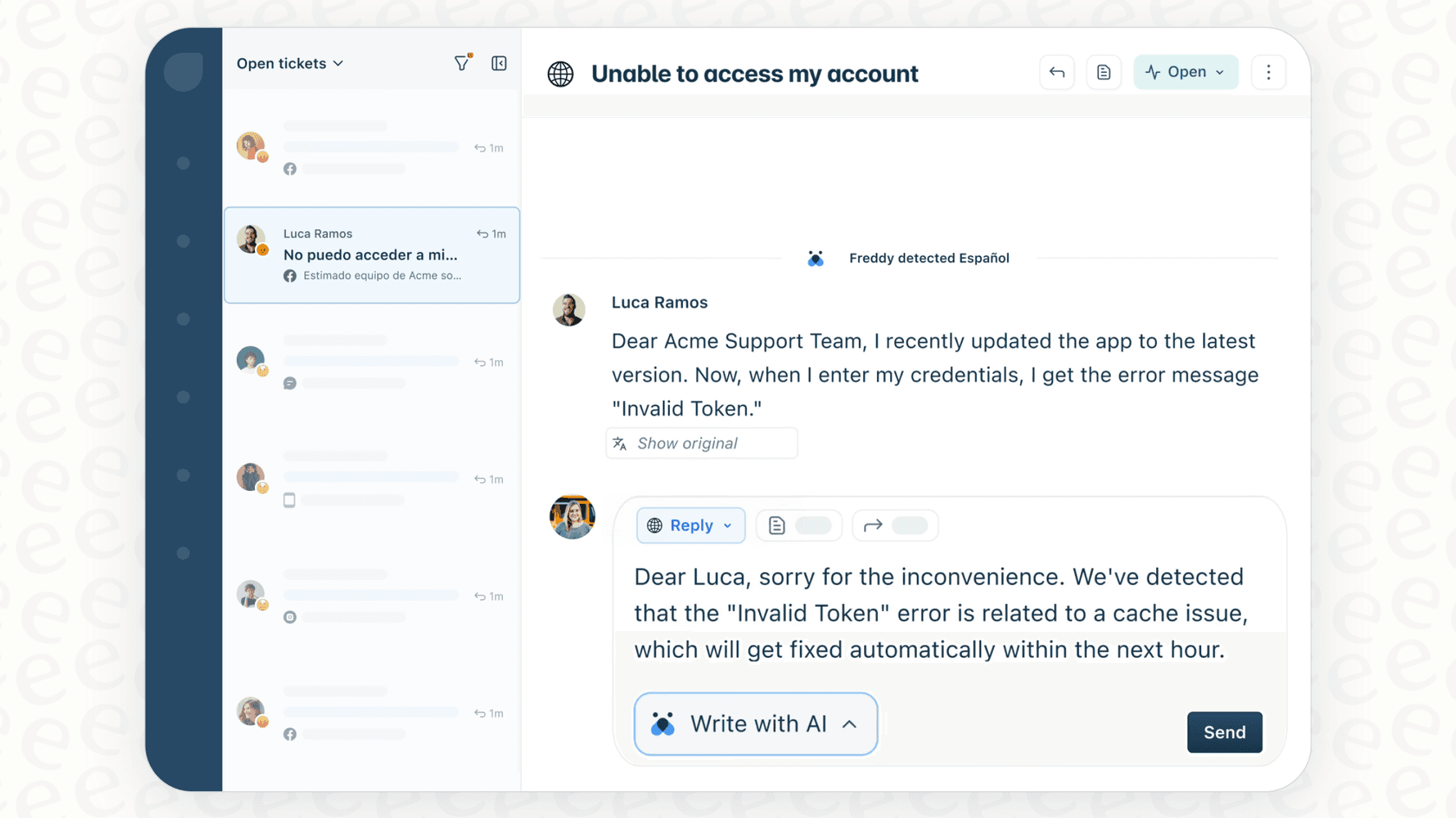 The user interface of Freddy AI on Messenger, showcasing its main features for customer support automation.
