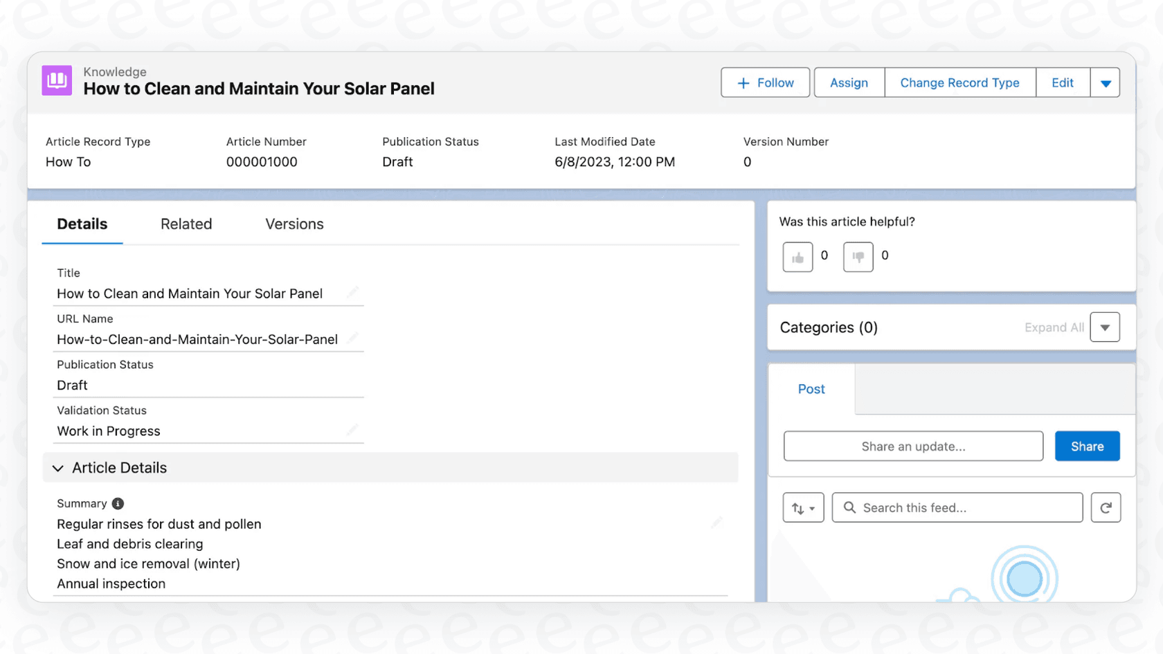 A screenshot of an article draft generated by Salesforce AI Knowledge Creation, with the problem, cause, and solution sections filled out automatically.
