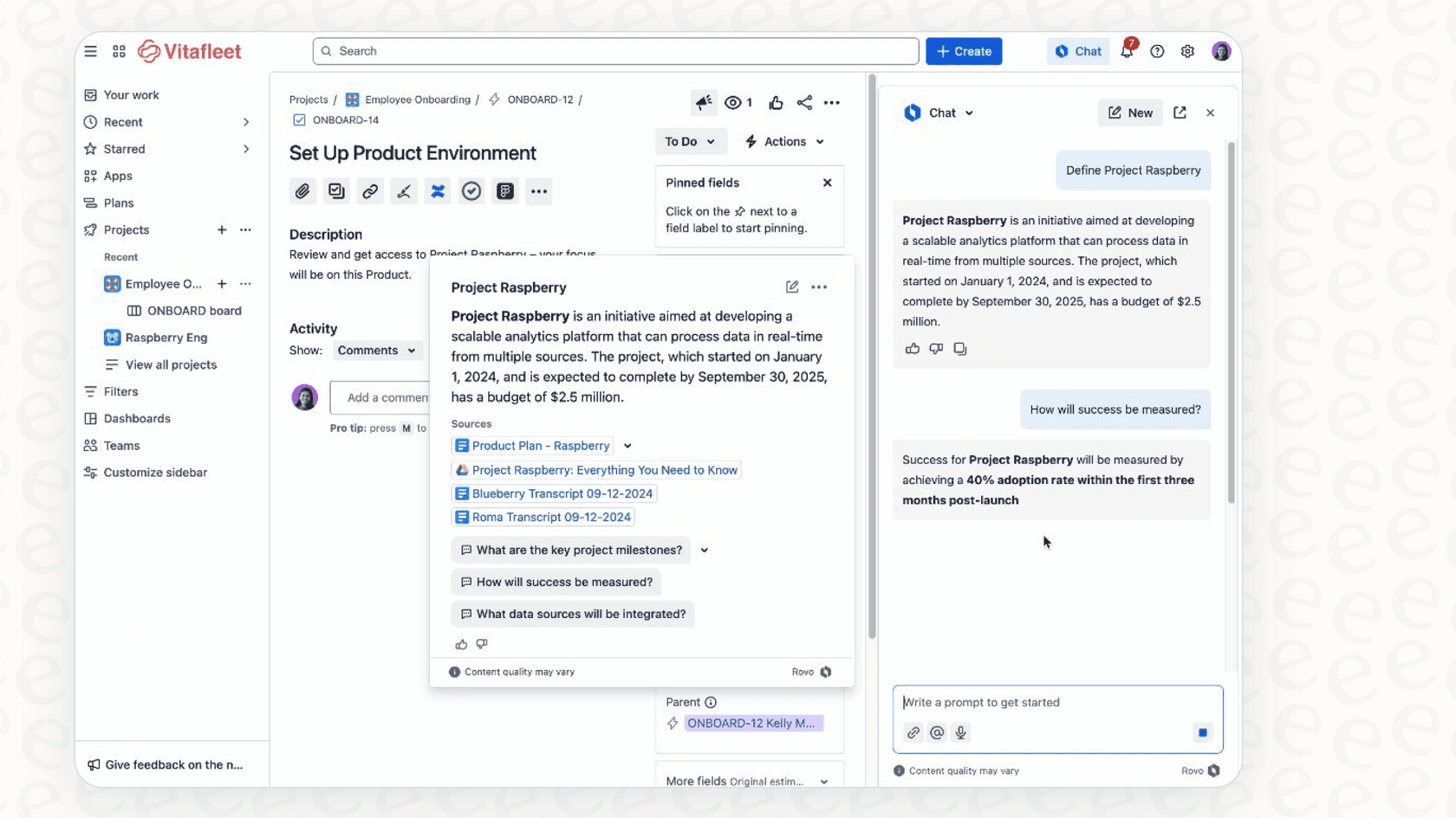 A view of the Rovo Chat window demonstrating how to use Rovo Chat Actions / Plugins.
