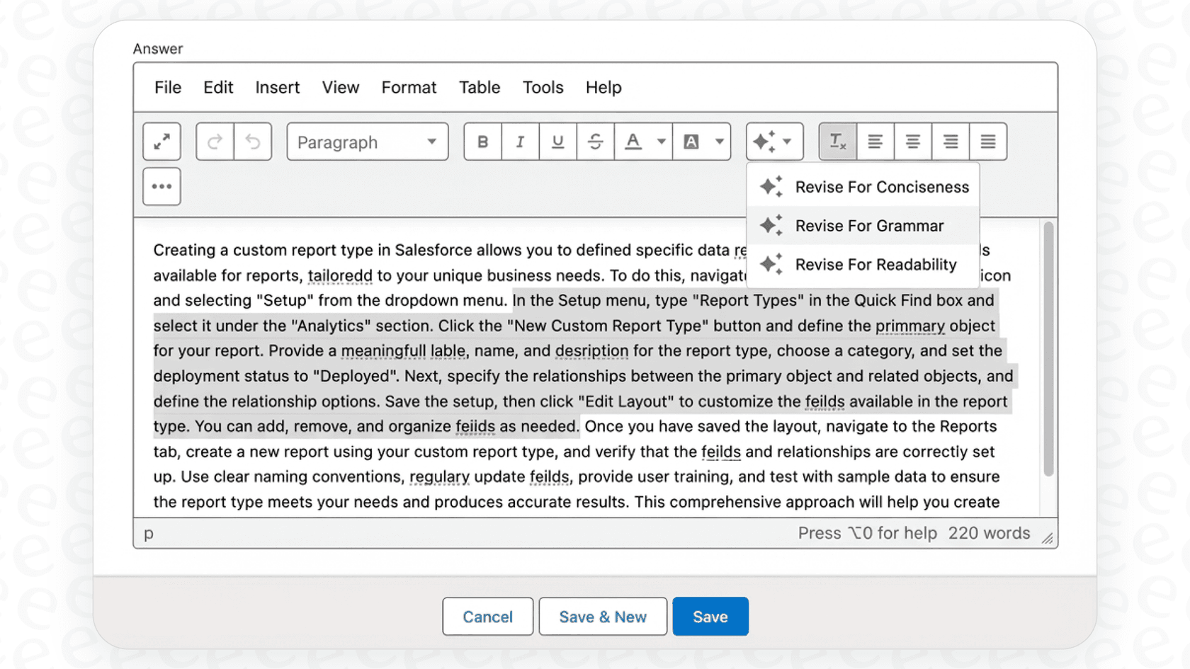 A screenshot showing the built-in editing assistant in Salesforce AI Knowledge Creation, which helps agents revise and improve existing knowledge articles.