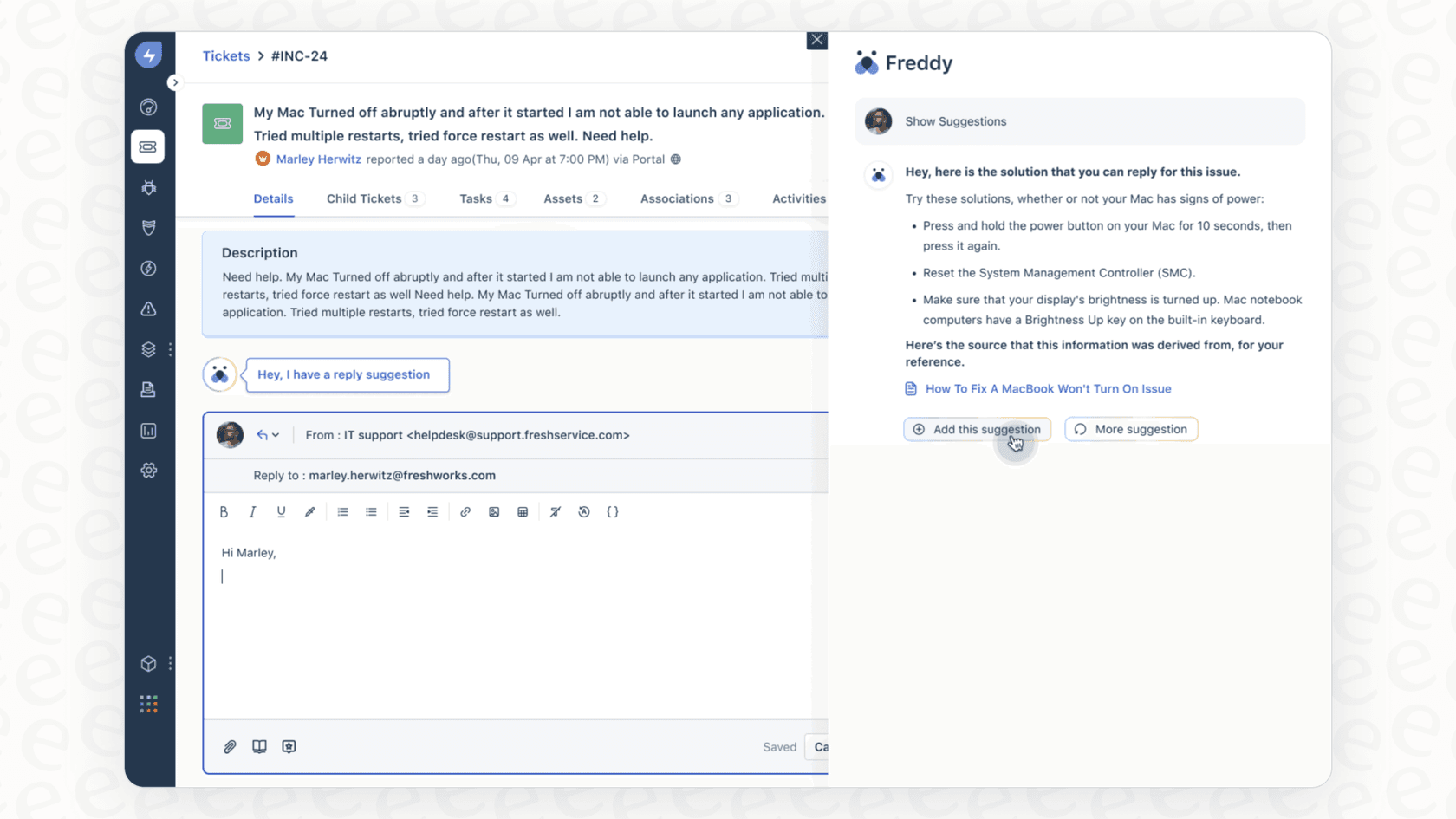 A view of the Freshdesk ticket interface with the Freddy AI Copilot sidebar showing reply suggestions and ticket summaries, illustrating key Freshdesk AI features.