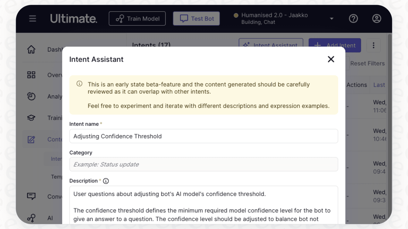 Screenshot of intent training interface in Zendesk Advanced AI.