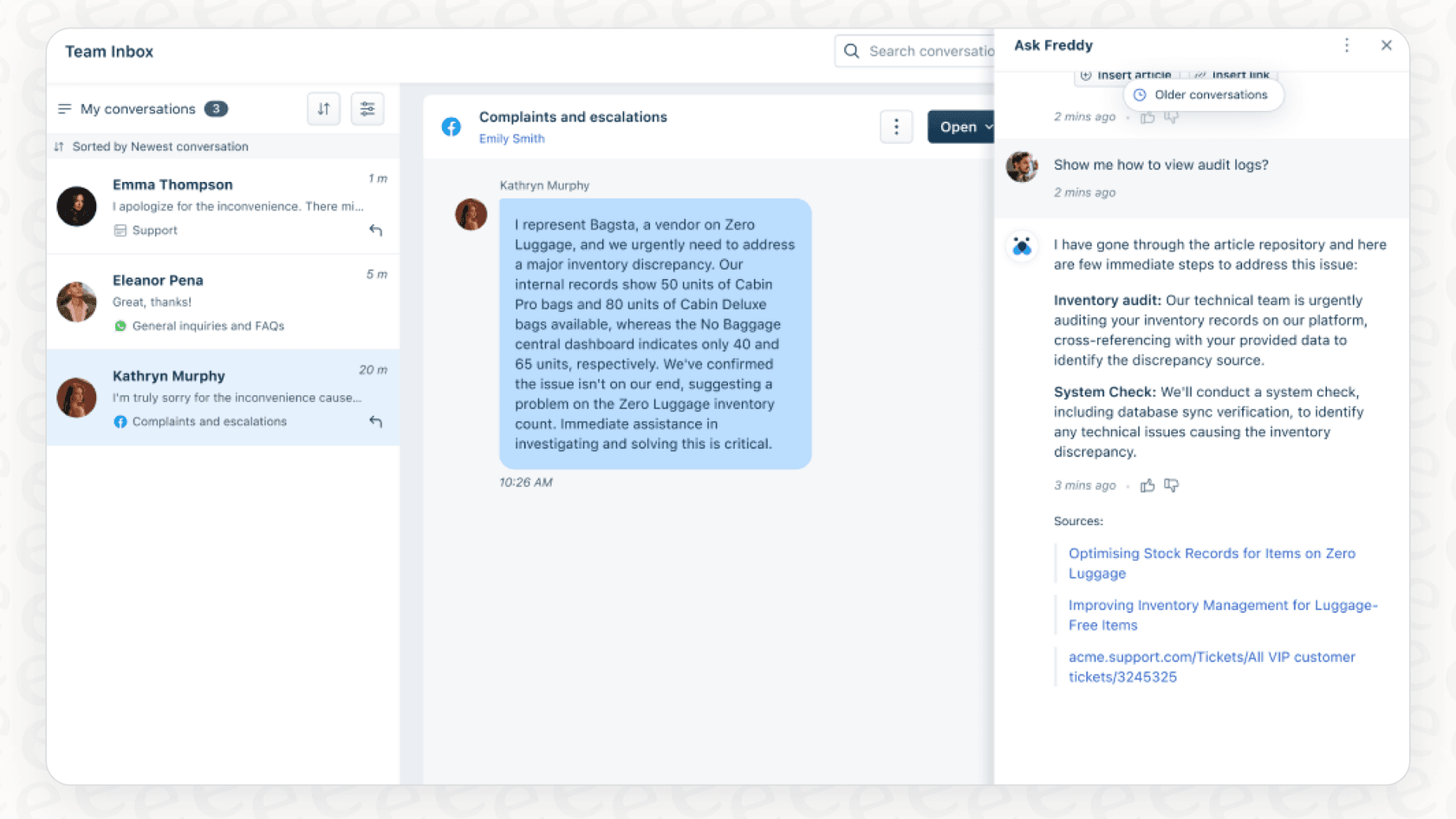 Screenshot of a user asking Freddy Copilot to provide information.