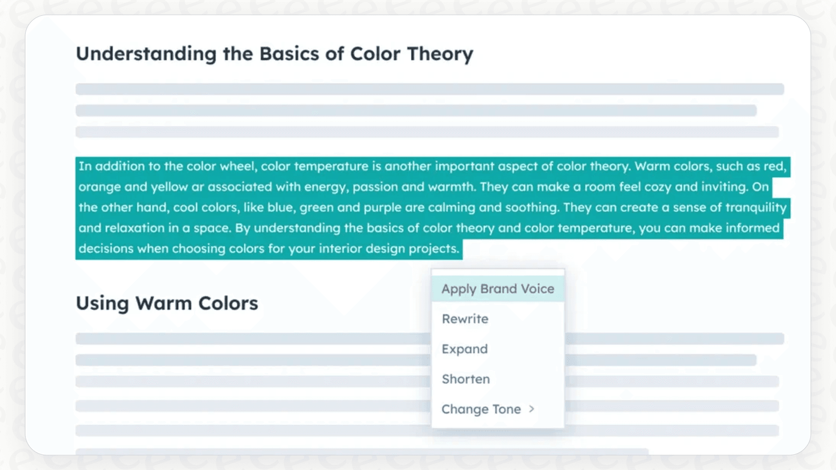 A screenshot demonstrating how to set up the brand voice feature for the HubSpot AI customer service agent by pasting in a text sample.