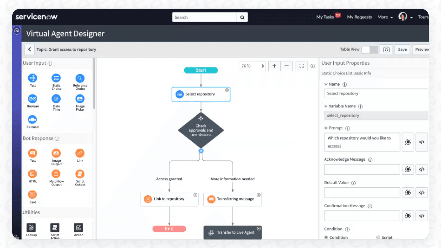 A screenshot of the no-code virtual agent designer in ServiceNow, illustrating the self-service capabilities of ServiceNow ChatGPT.