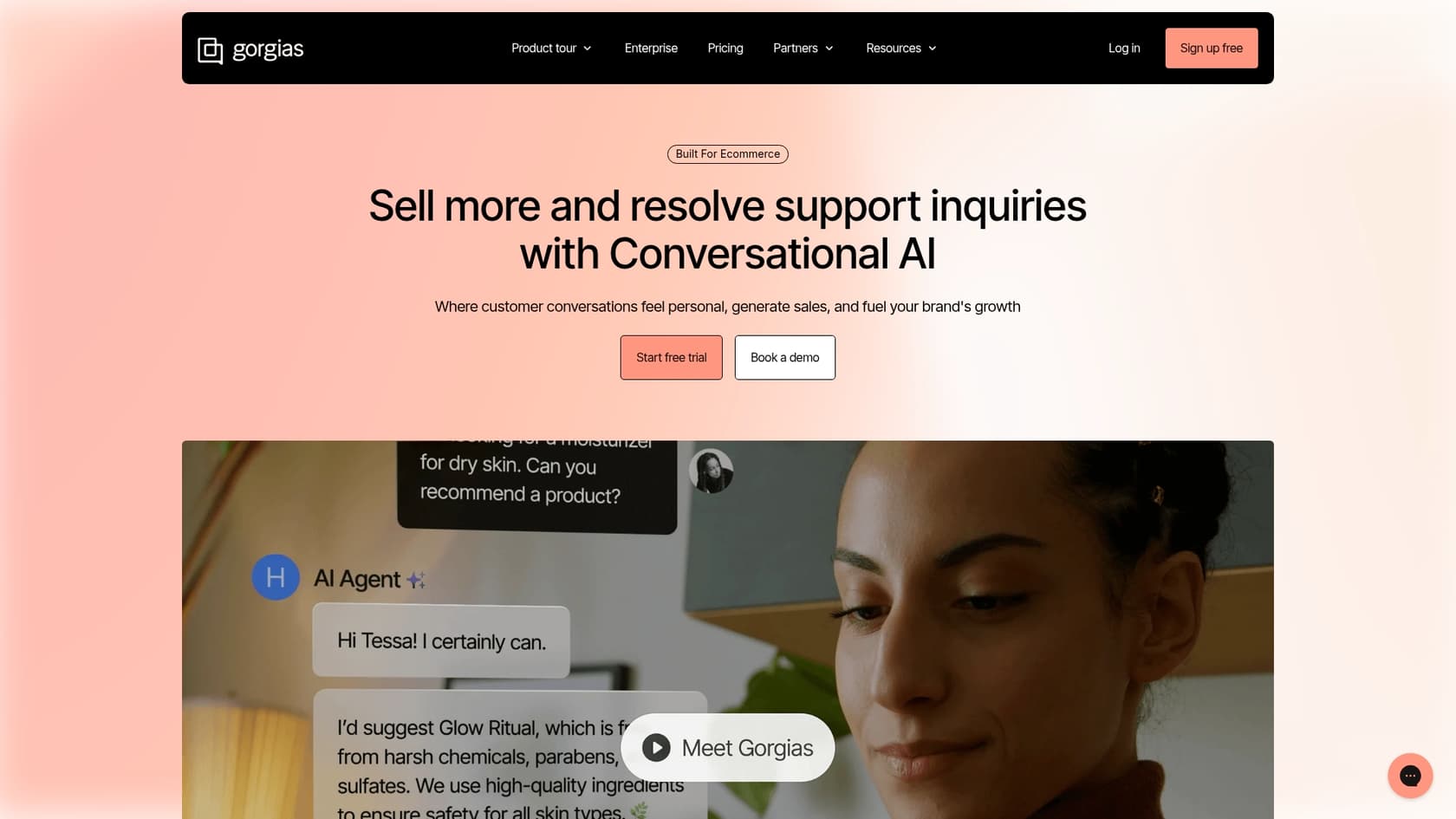 A screenshot of the Gorgias customer service landing page.