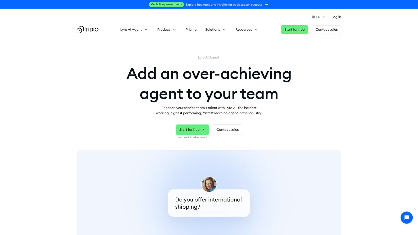 A screenshot of the Tidio Lyro AI homepage, which is relevant to Lyro AI pricing.
