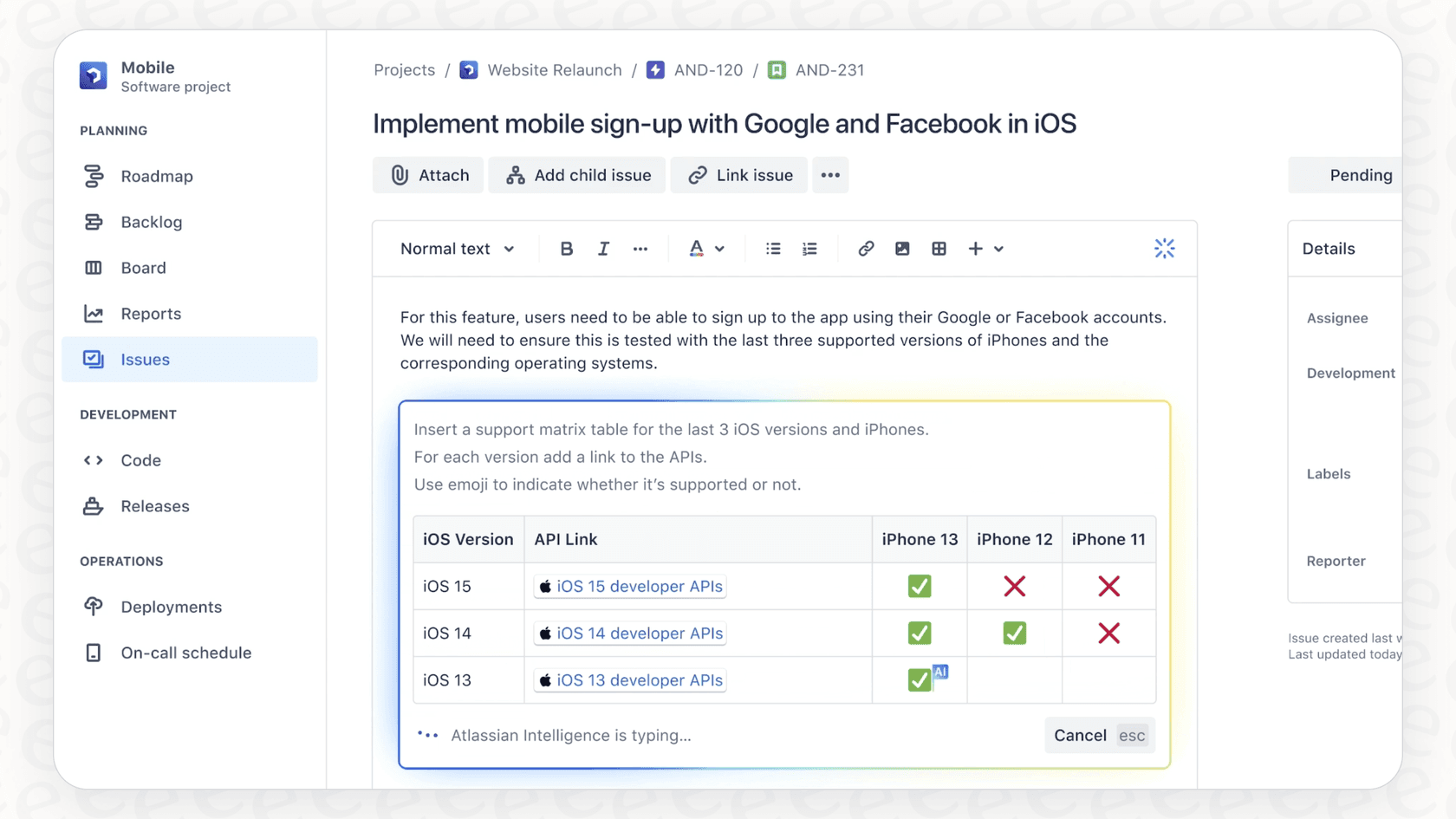 A user typing /ai to access the content generation features of Atlassian Intelligence AI in Confluence.
