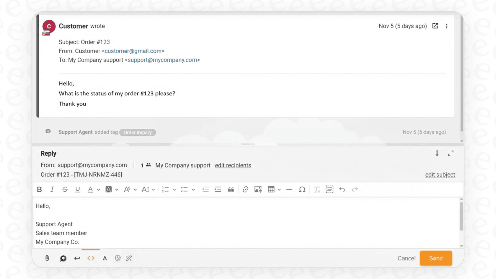A screenshot of the LiveAgent AI Answer Assistant feature, showing how it helps agents write and refine responses within the ticket view.