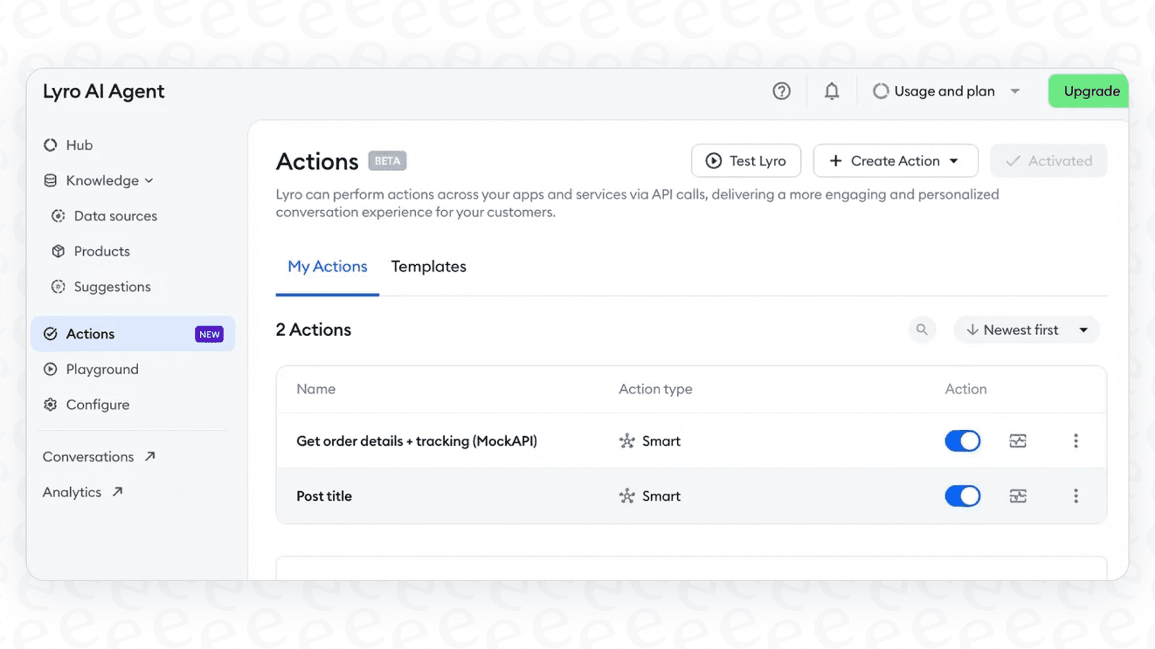 A screenshot showing how Lyro Actions work, which is a key factor in Lyro AI pricing.