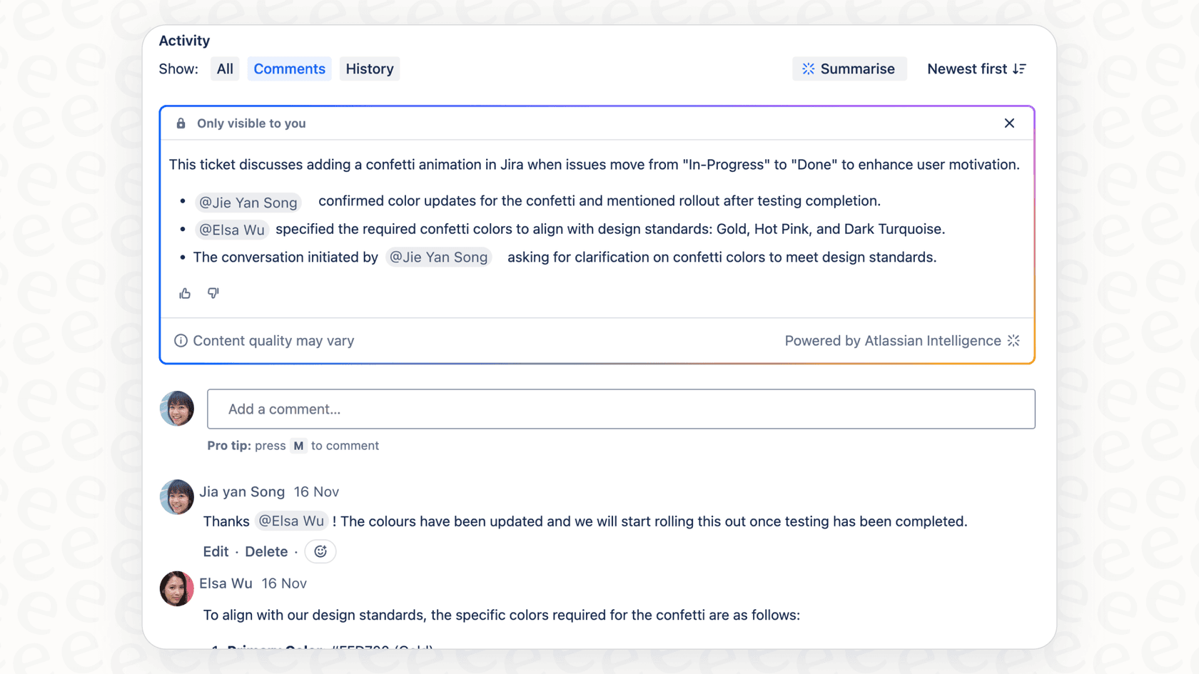 A screenshot demonstrating the location of the "Summarize" button for the Atlassian Intelligence Summarize Work Item Comments feature.