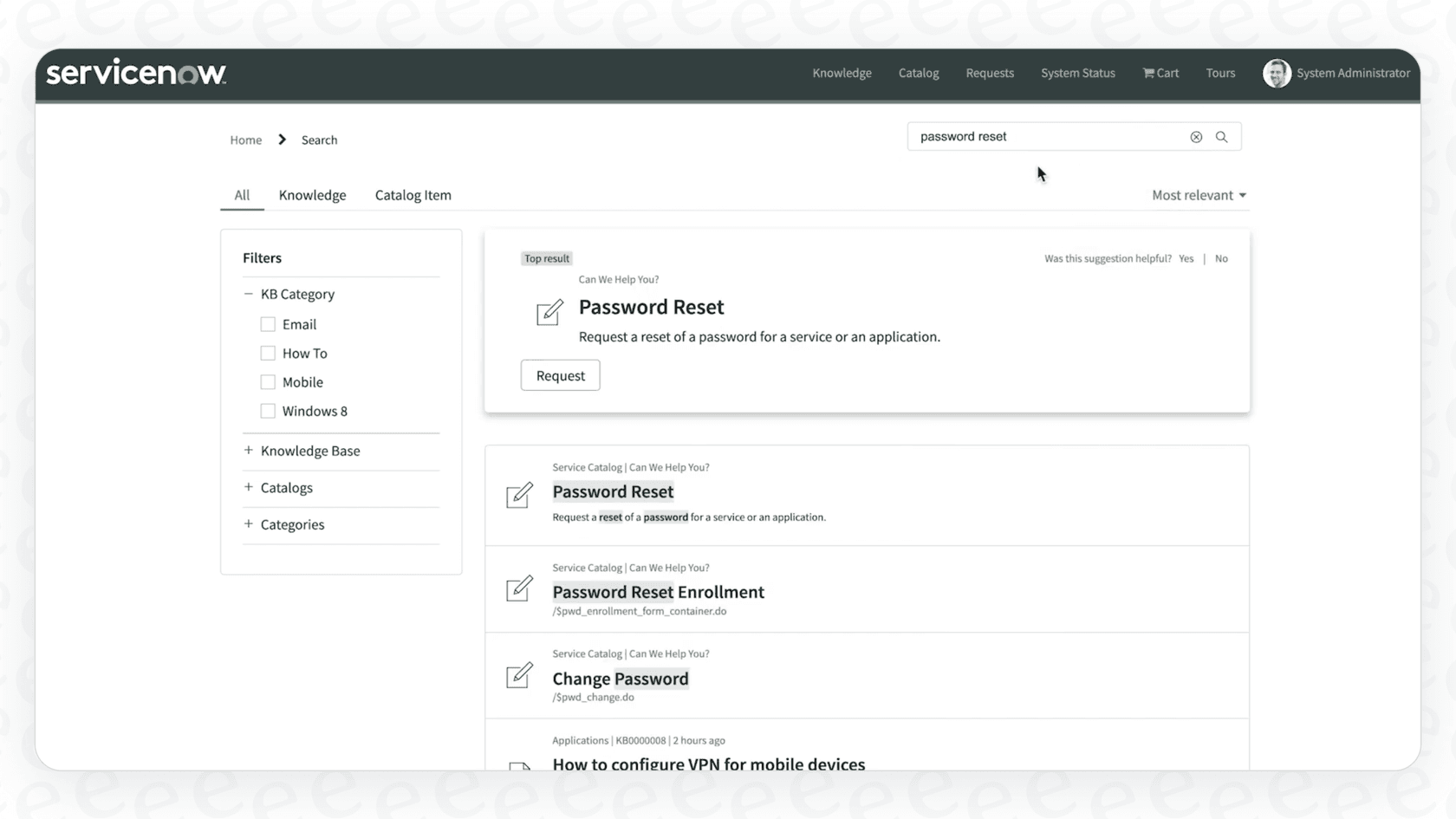 An infographic illustrating the various "Genius Results" cards available in the ServiceNow AI Search Service Portal to streamline user actions.
