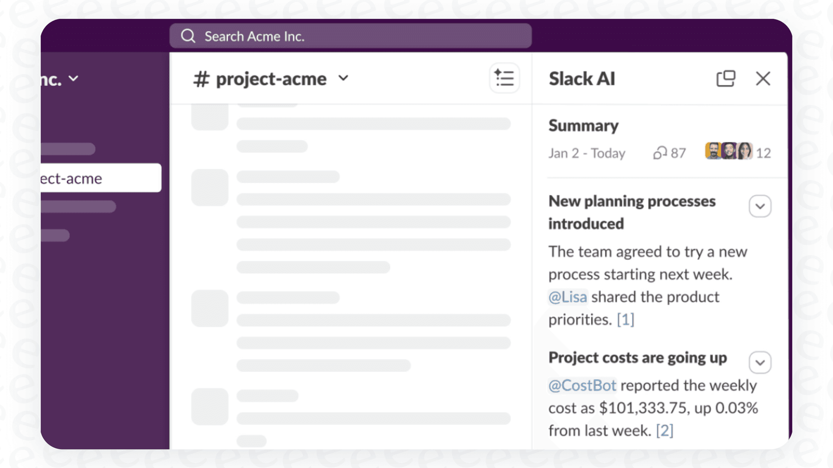 A screenshot of the Slack user interface highlighting the features of Slack AI channel summaries.