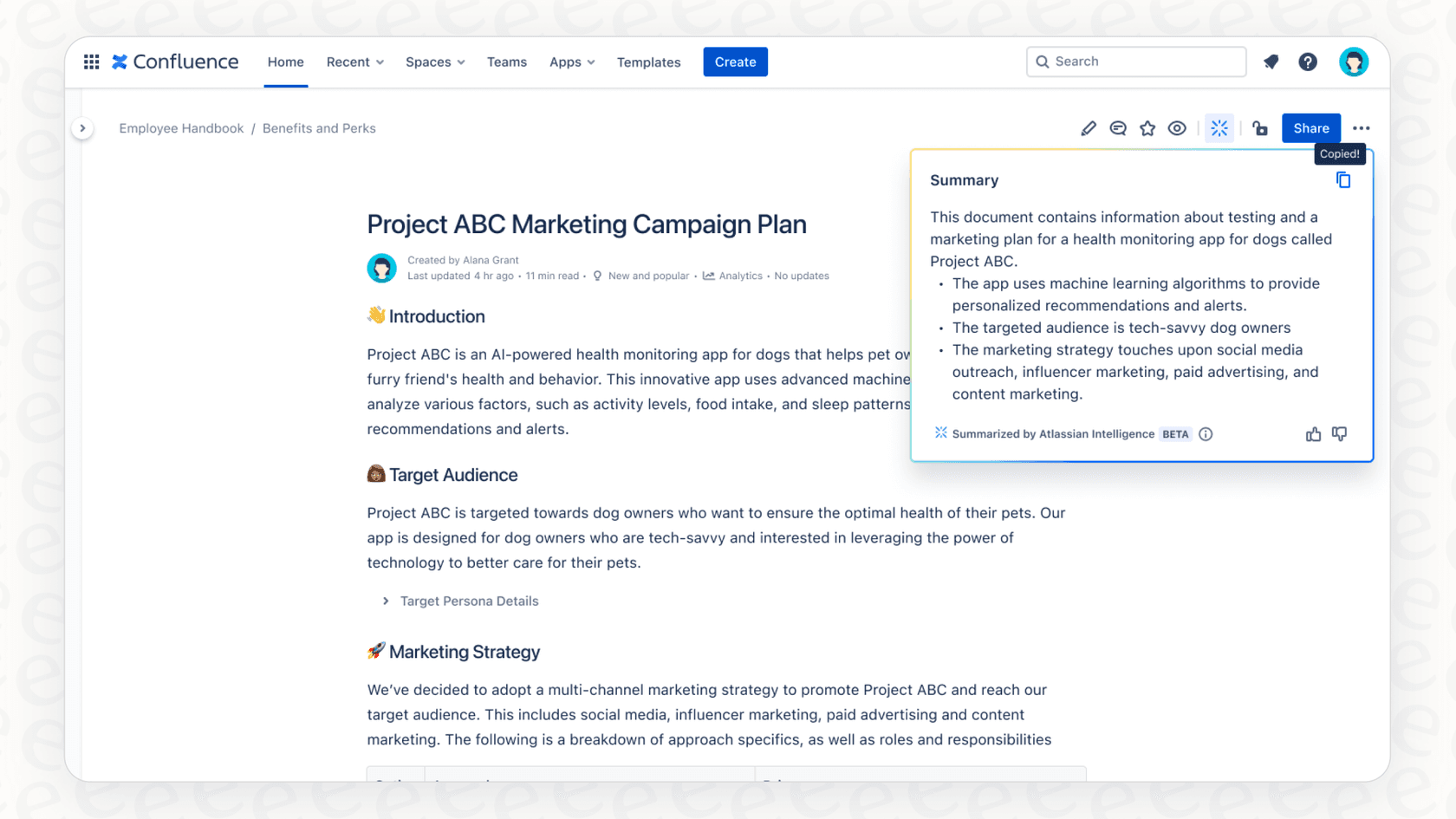 A view of the Atlassian Intelligence Q&A Search summarizing a long document to provide a quick overview.