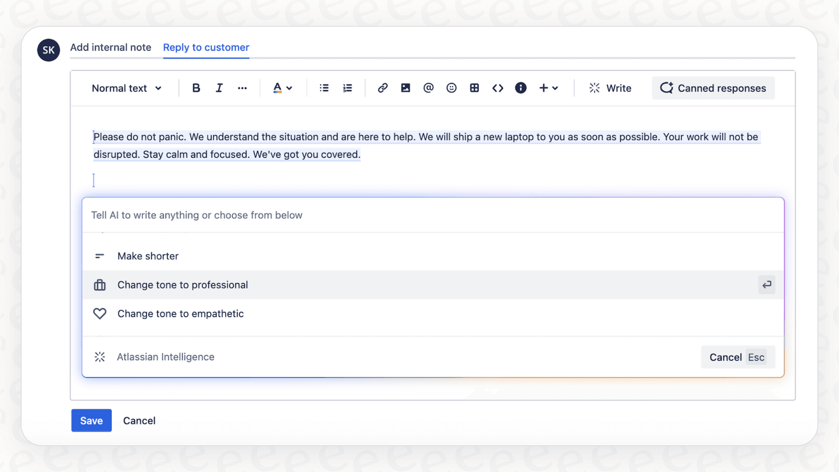 A screenshot of the AI tools available for Atlassian Intelligence related Confluence content, including options to adjust tone and summarize.