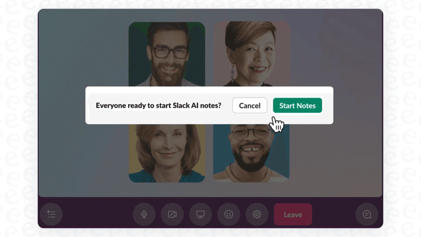 A view of the Slack user interface showing where to click to enable Slack AI huddle notes and action items during a call.
