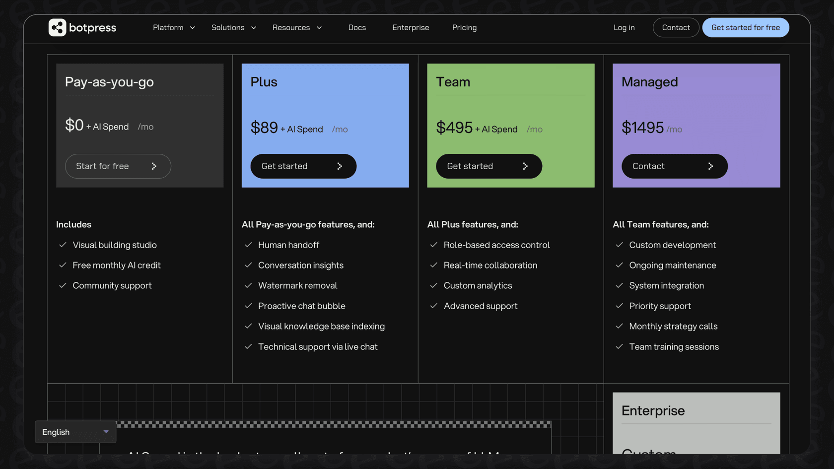 A screenshot showing the various Botpress pricing plans.