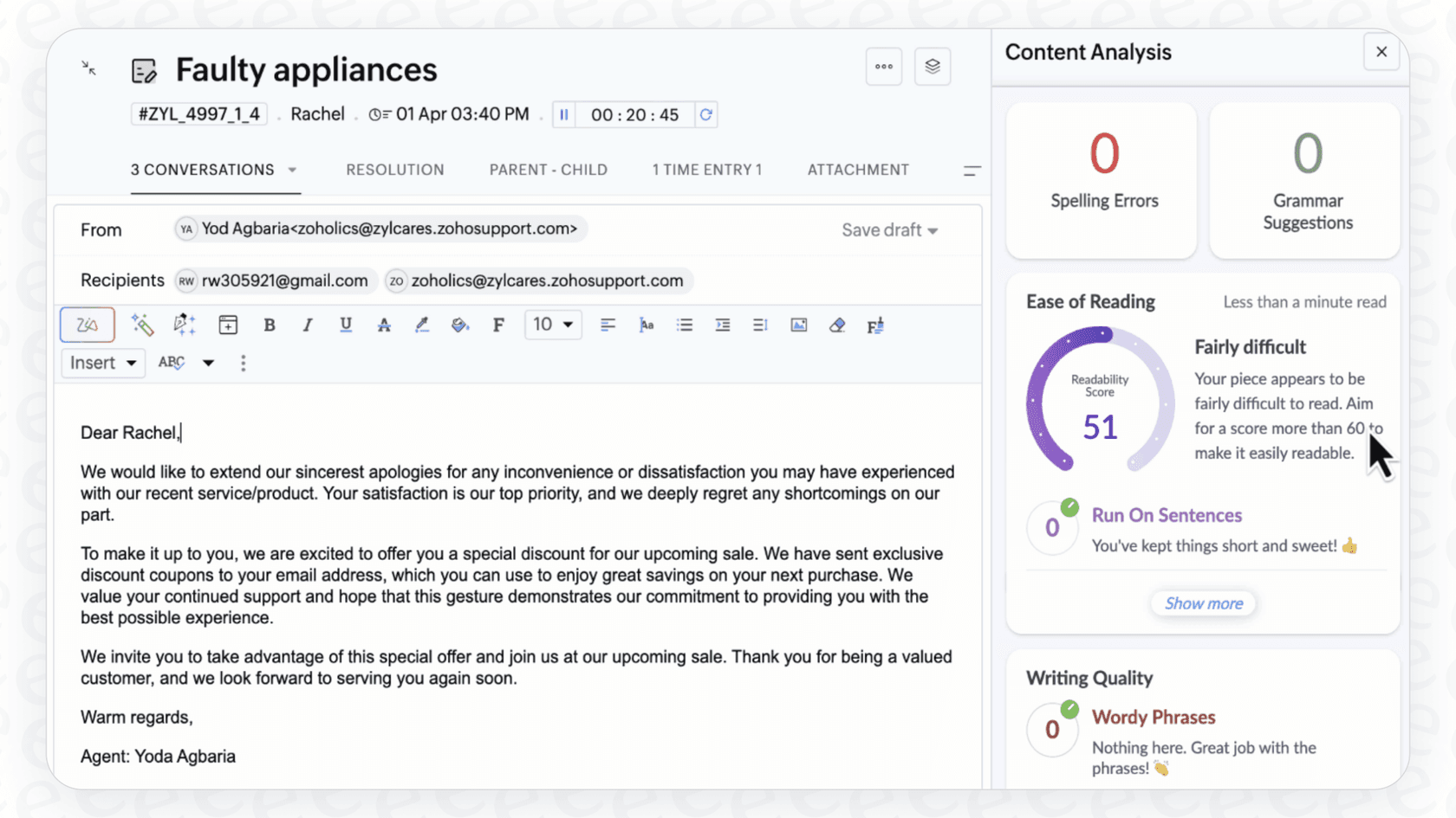 A screenshot of the Zoho Desk Zia Reply Generator interface displaying the sentiment analysis and a summary of a customer support ticket.