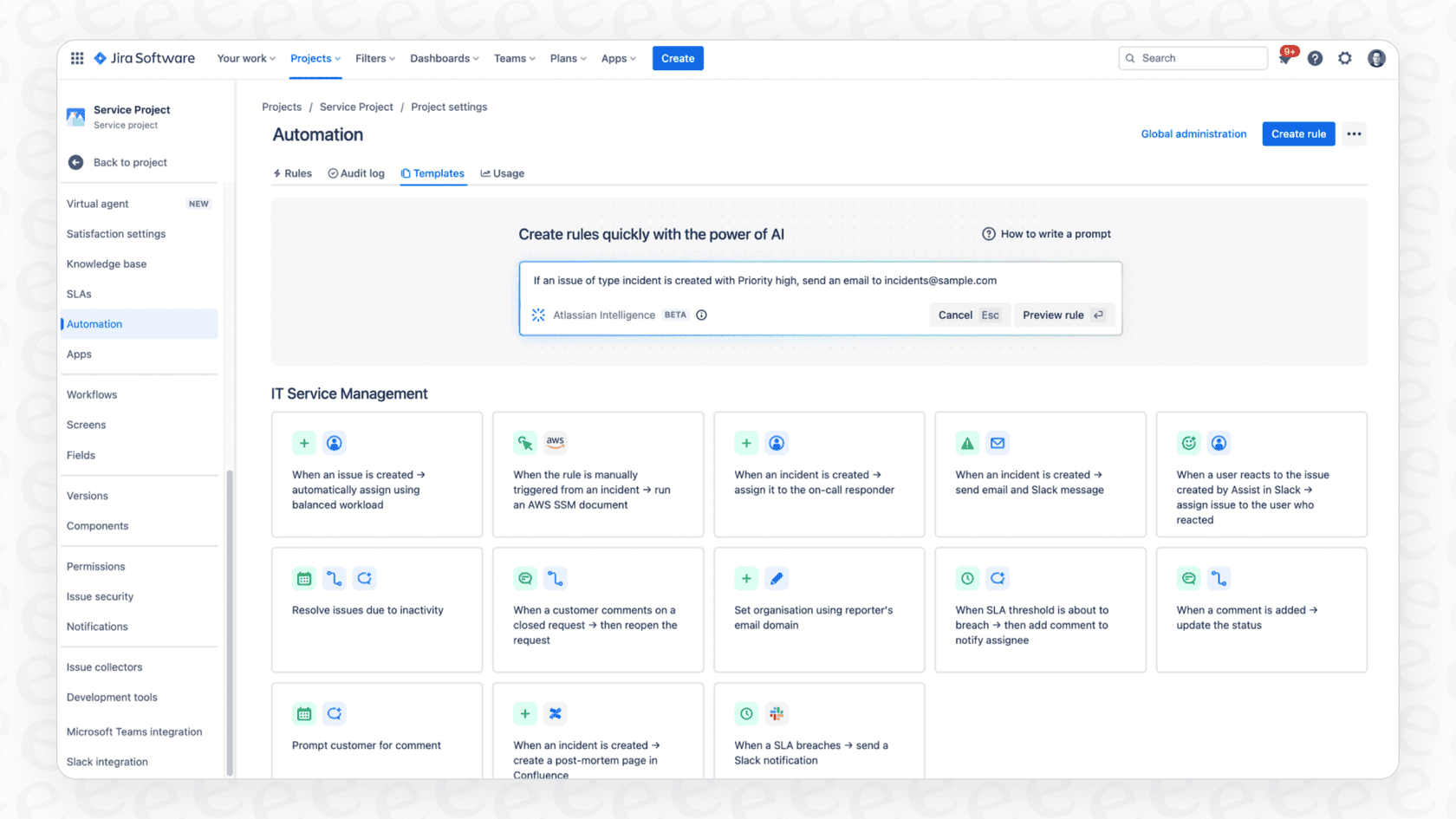A user demonstrates how Atlassian Intelligence AI automation rules can be created by typing a simple sentence into the interface.
