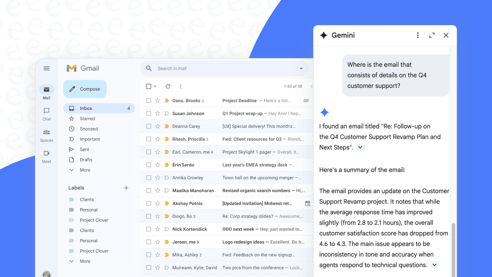 The Gemini side panel acts as a chat assistant within the Gmail AI on Mobile and Web interface.
