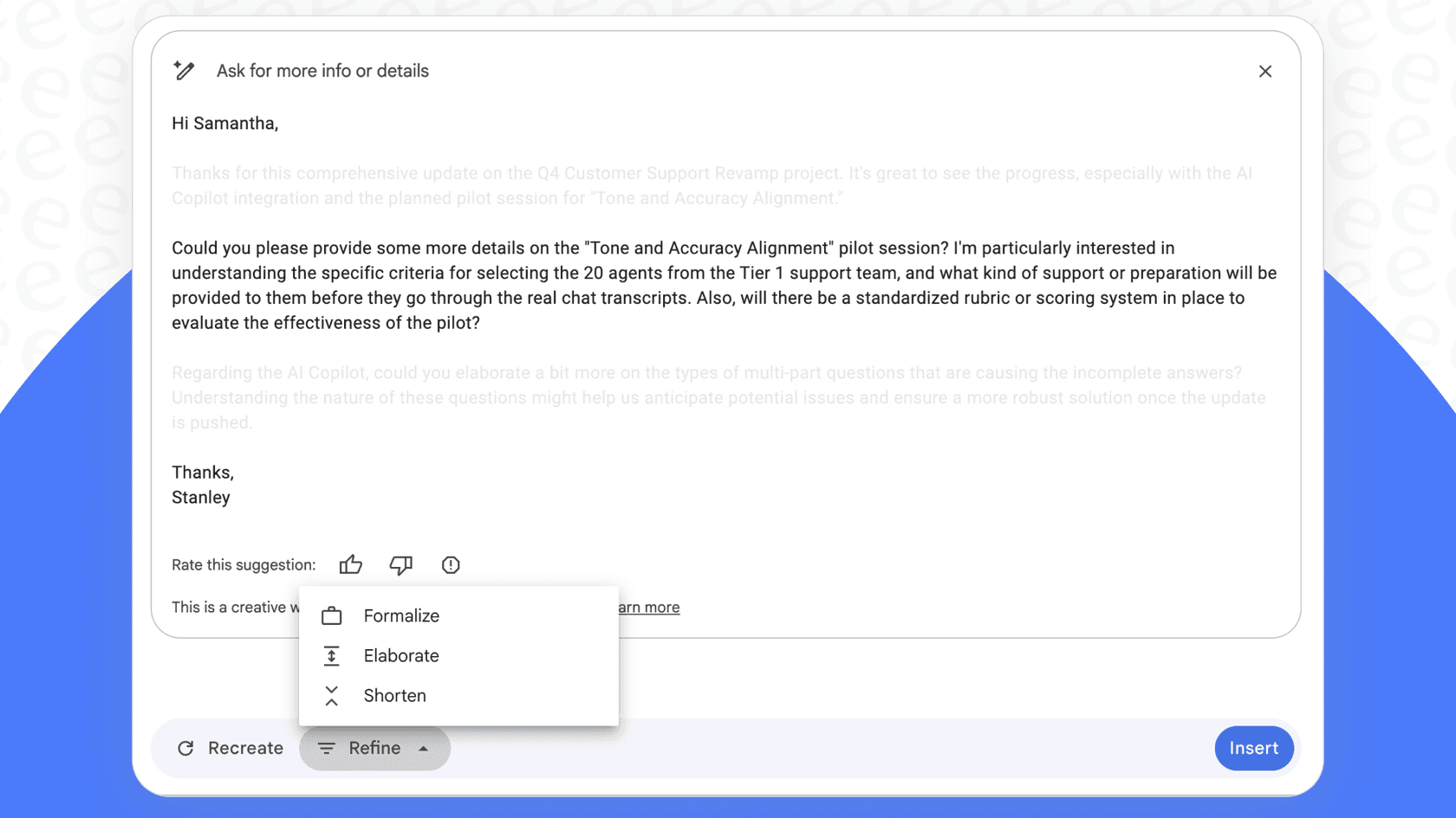A view of the Gmail Draft Refinement tools, including Formalize, Elaborate, Shorten, and Polish, used to improve an email draft.