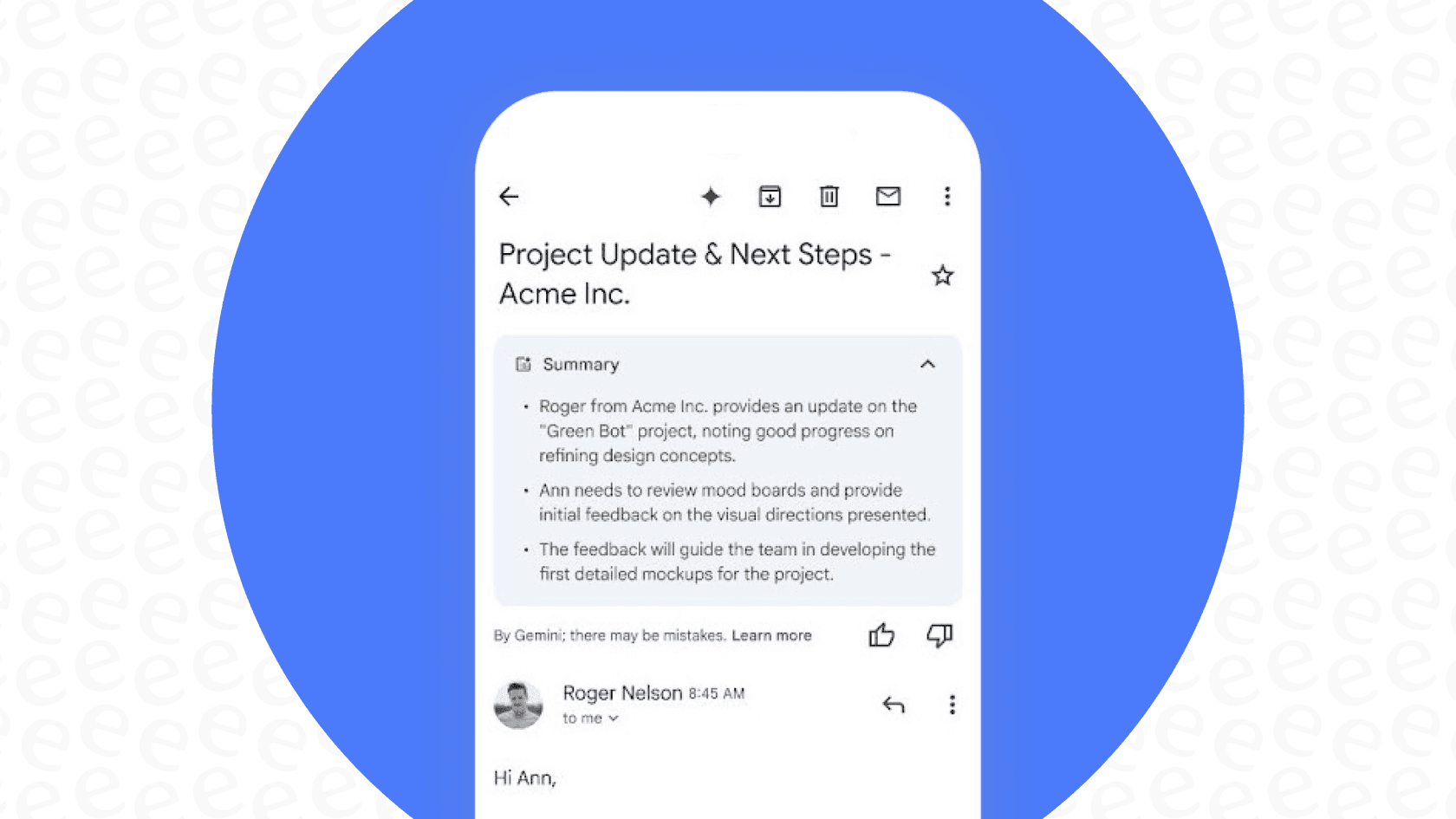A screenshot of the Gmail email thread recap feature in action.