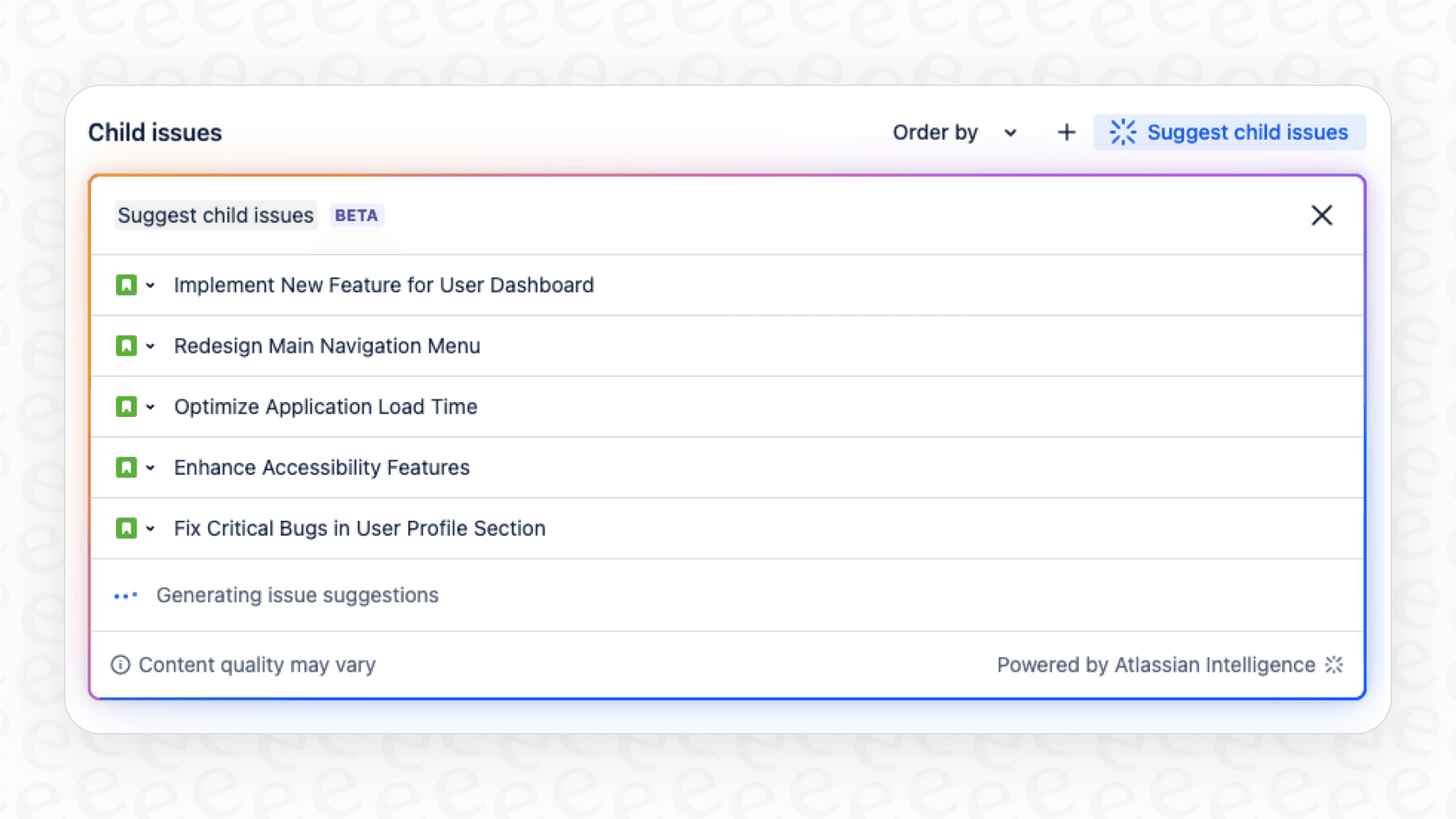 A view of the Atlassian Intelligence AI in Jira feature that automatically suggests breaking down a large task into smaller ones.