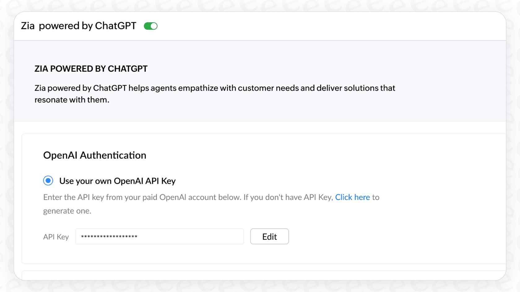 A user configuring the Zoho Desk Zia integration with OpenAI by adding an API key and choosing a language model.