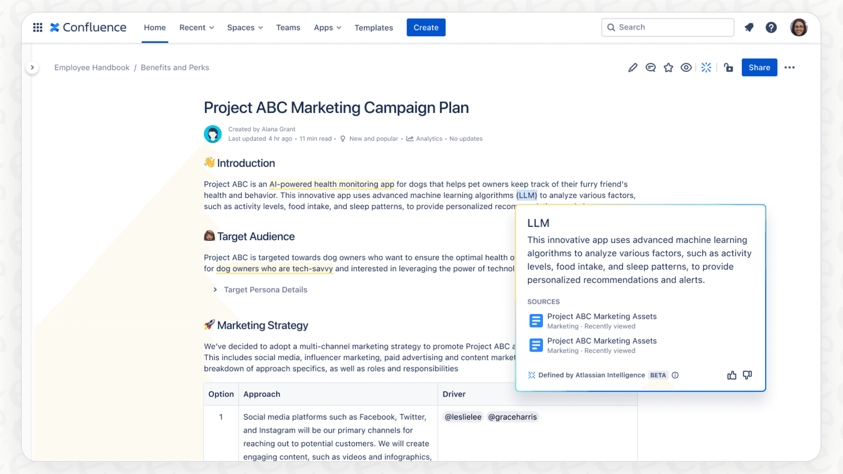 Screenshot of the Atlassian Intelligence related Confluence content panel, showing AI-surfaced suggestions and summaries alongside a Confluence page.