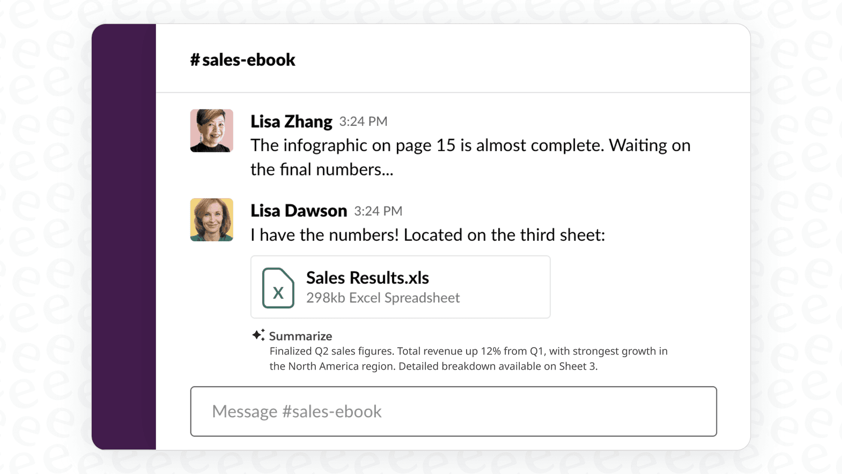 Screenshot of Slack serving an AI summary below an uploaded file.