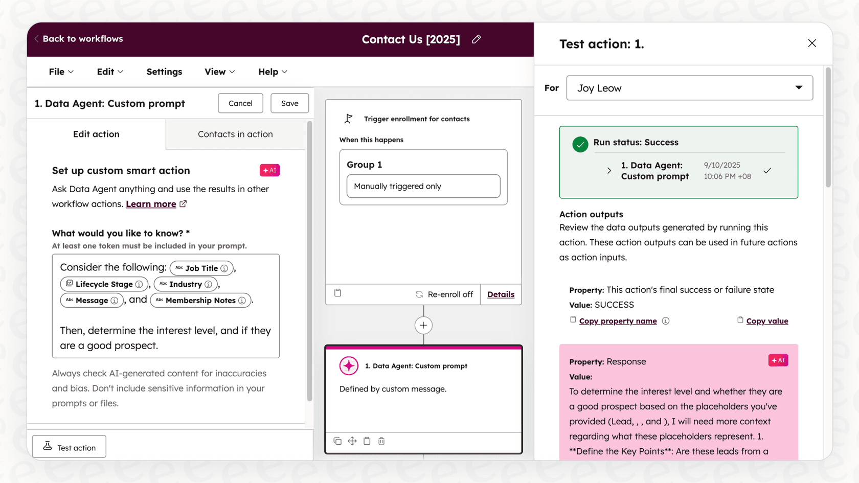 Screenshot of HubSpot Breeze in workflows.
