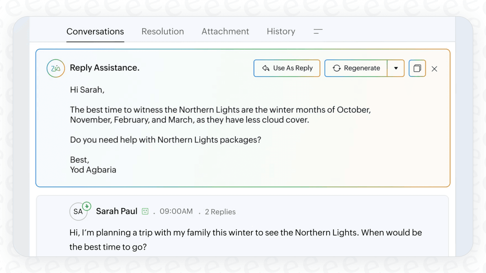 Zia reply assistance drafting a customer answer inside a Zoho Desk ticket, with Use As Reply and Regenerate controls