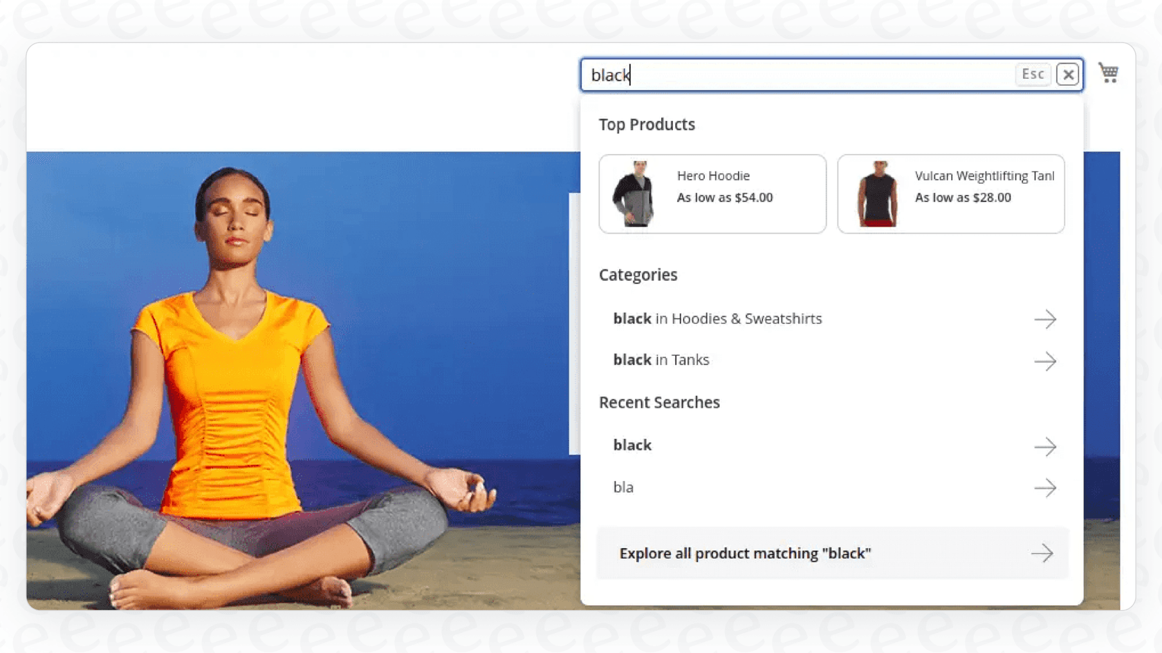 A screenshot of a user searching a product with Magento.