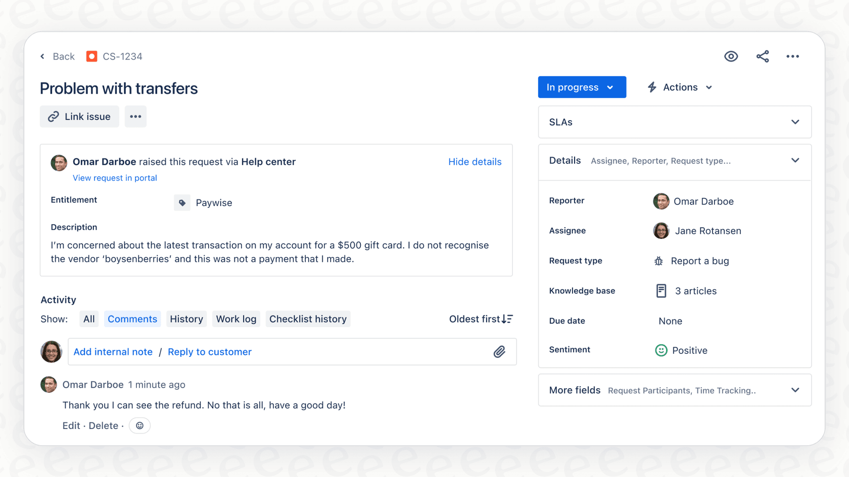 Screenshot of Jira Service Management highlighting the Atlassian Intelligence Customer Sentiment feature with a positive sentiment tag.