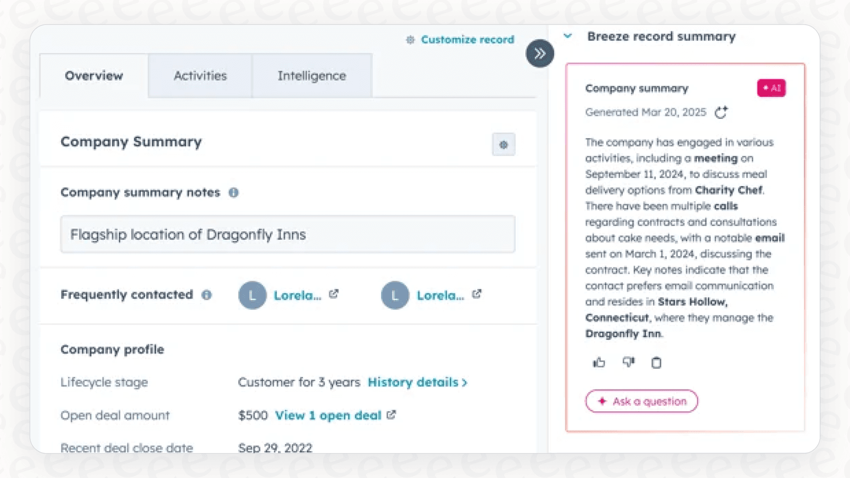 A user interface view of the HubSpot AI summarize records feature displaying a concise summary of a customer