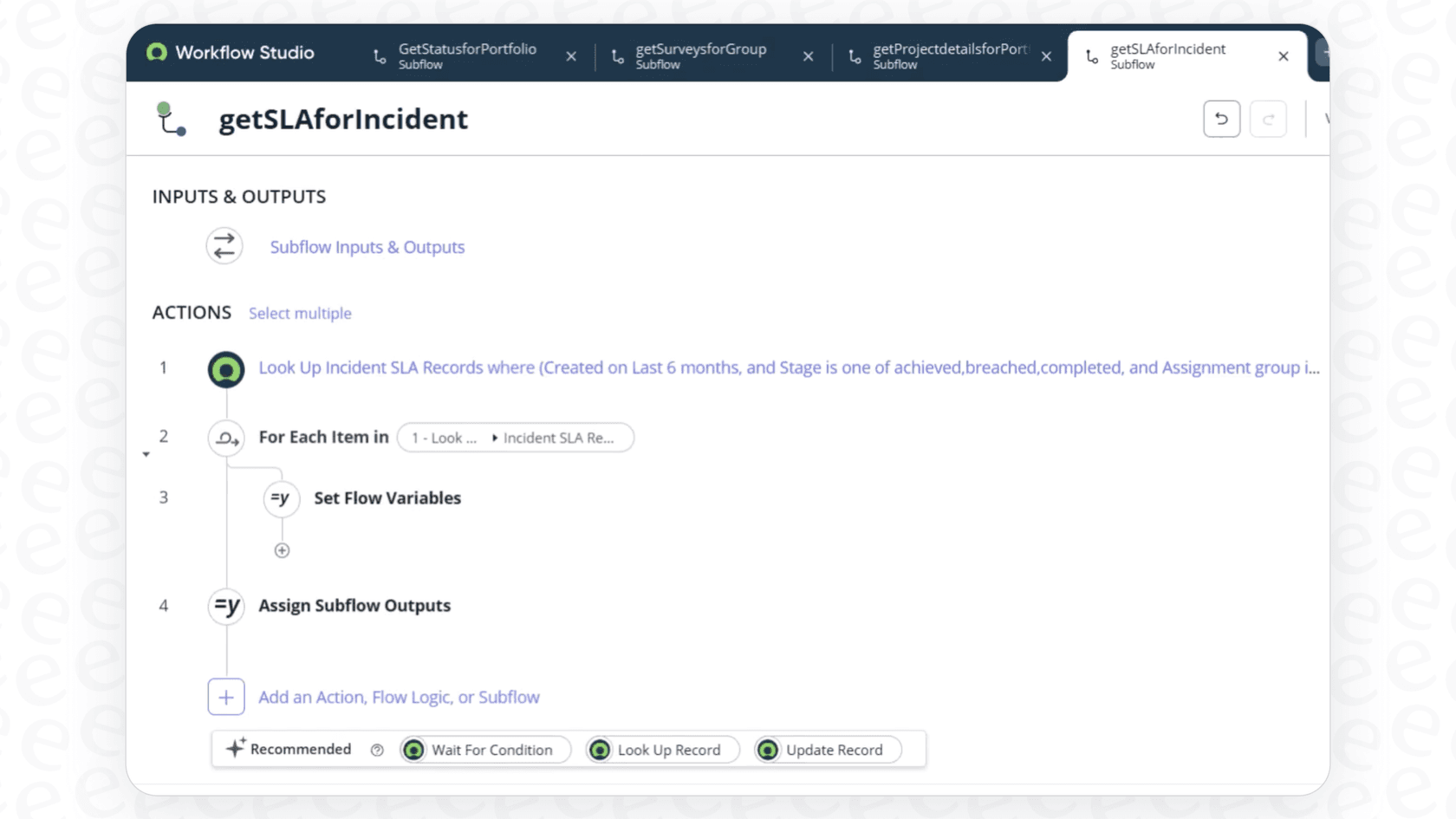 A user creating ServiceNow AI Agent Subflows, setting up the inputs, outputs, and actions