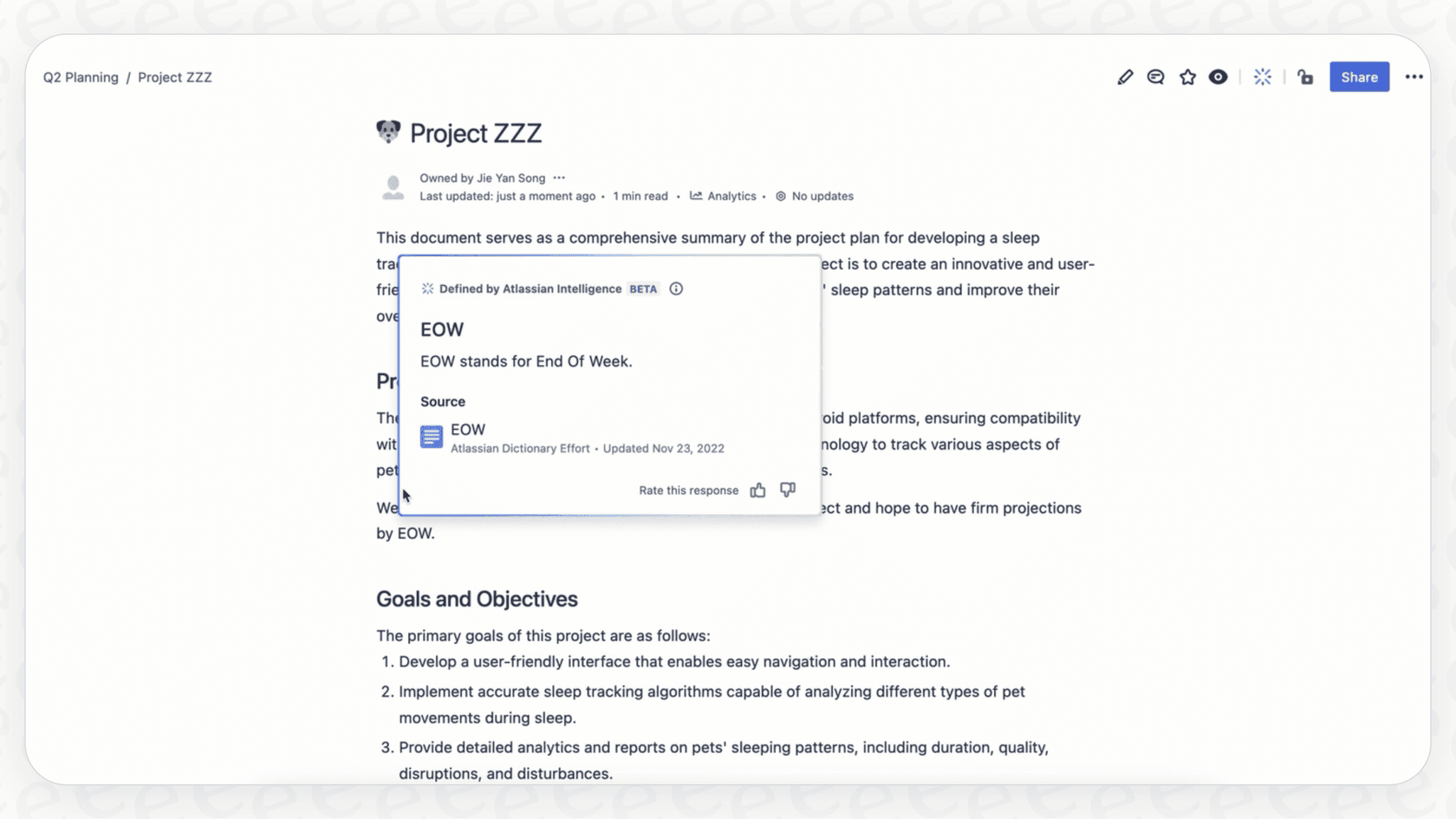 Screenshot showing the "Definitions" feature of Atlassian Intelligence Q&A Search explaining company-specific jargon.