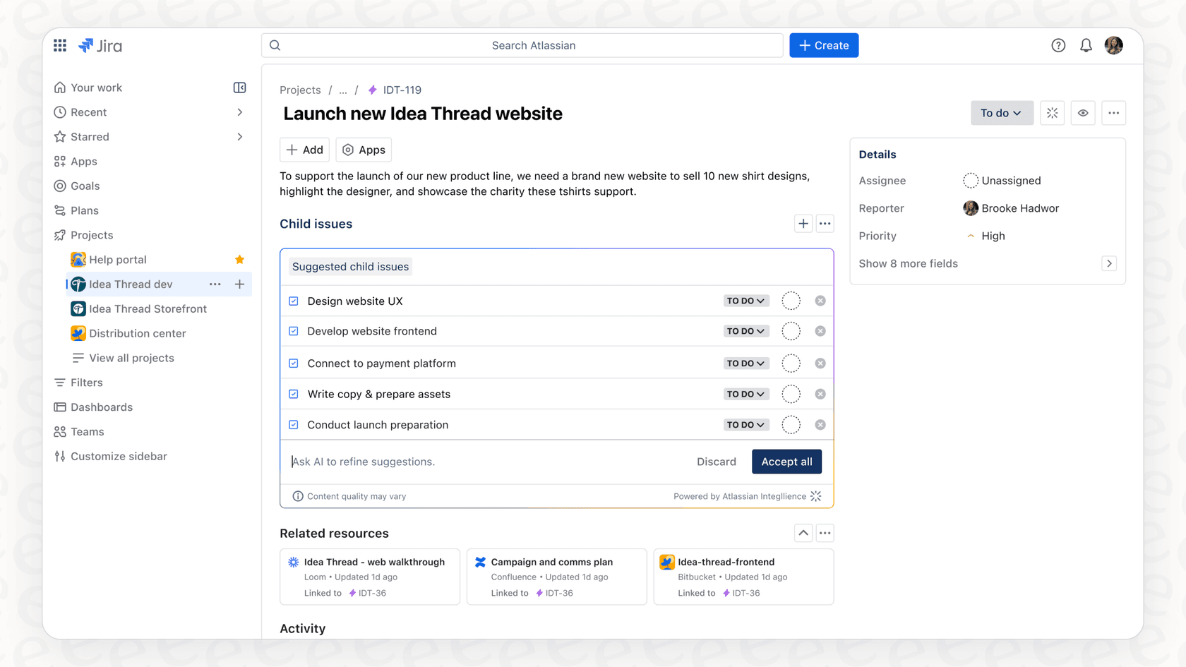 The Atlassian AI project management tool refining child issues from a parent task in Jira.